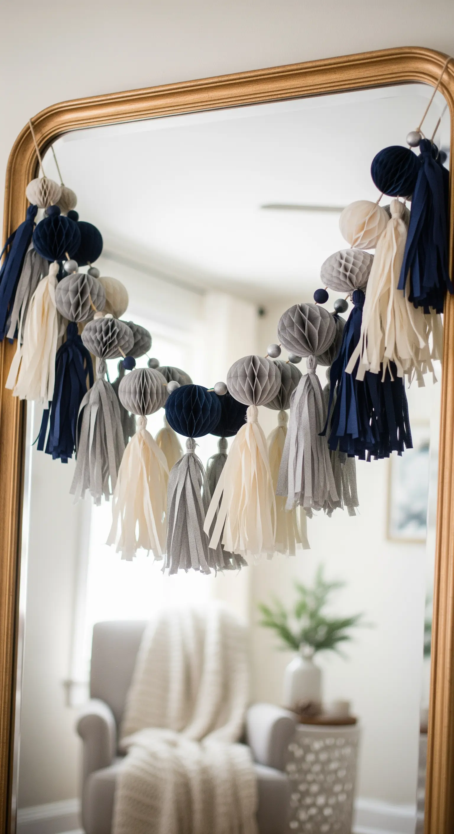Spiegel mit Girlande aus Papierwabenbällen und Stoffquasten in Grau-Blau