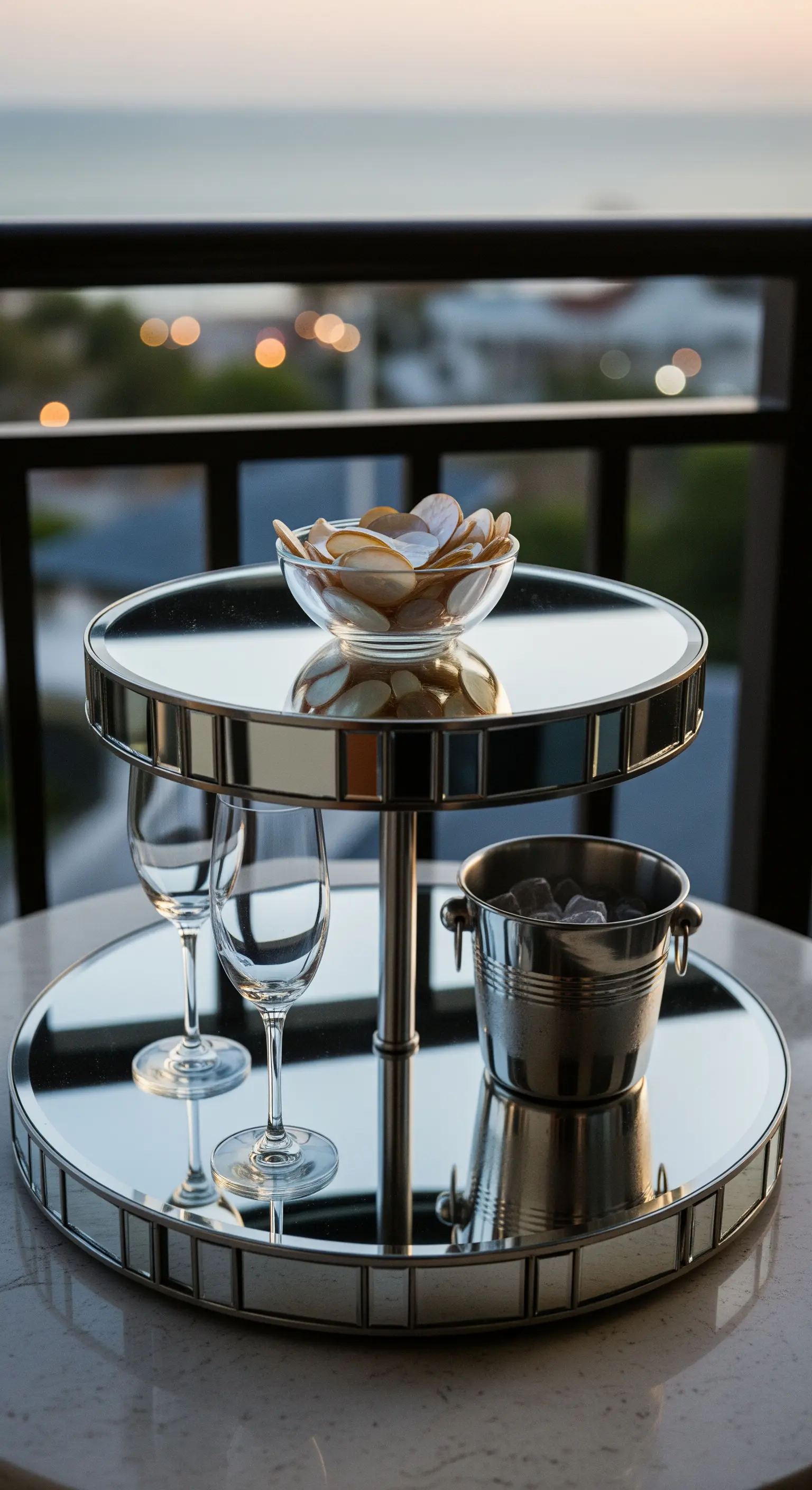 Verspiegelte Etagere auf einem Balkon bei Nacht mit Eiskübel und Sektgläsern.
