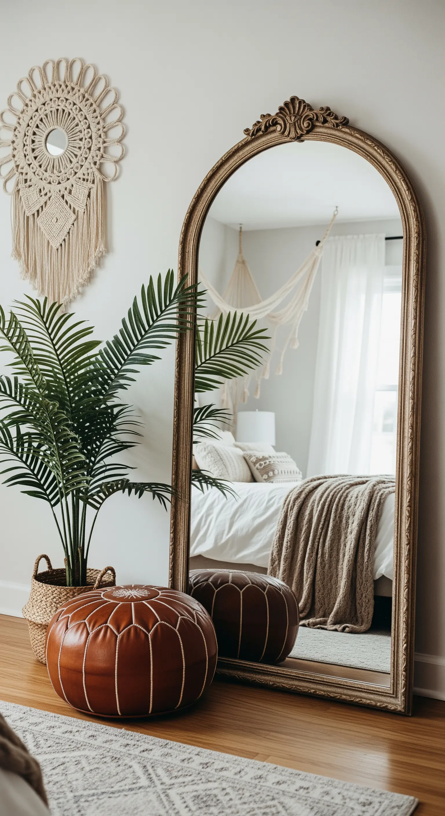 Stilvolle Ecke in einem Boho-Schlafzimmer mit einem großen goldenen Standspiegel und Lederpouf.