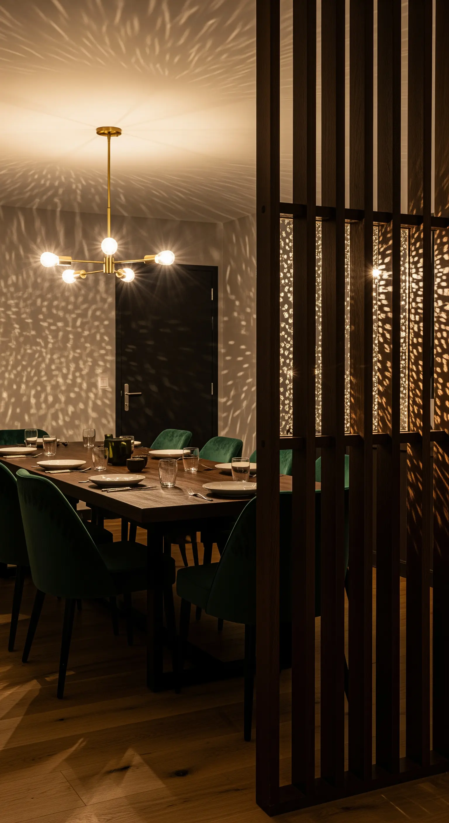 Esszimmer mit einem dunklen Holzlamellen-Raumteiler, der Lichtmuster an die Wand wirft.