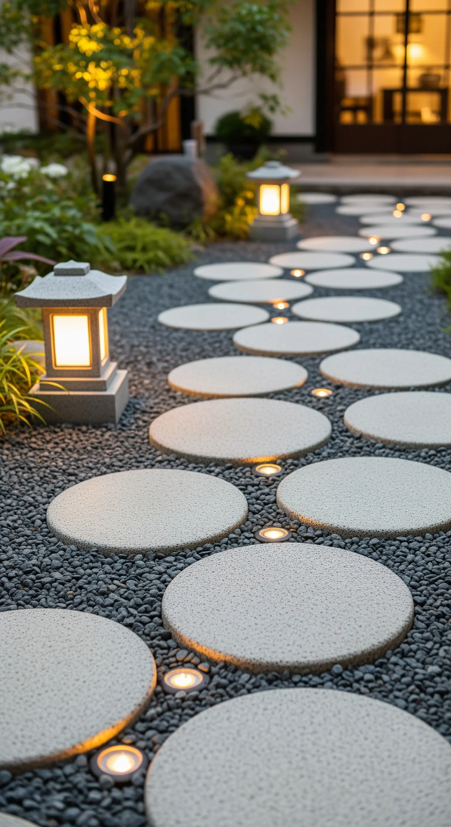 Gartenweg aus runden Trittsteinen in dunklem Kies, beleuchtet durch Laternen und Bodenspots.