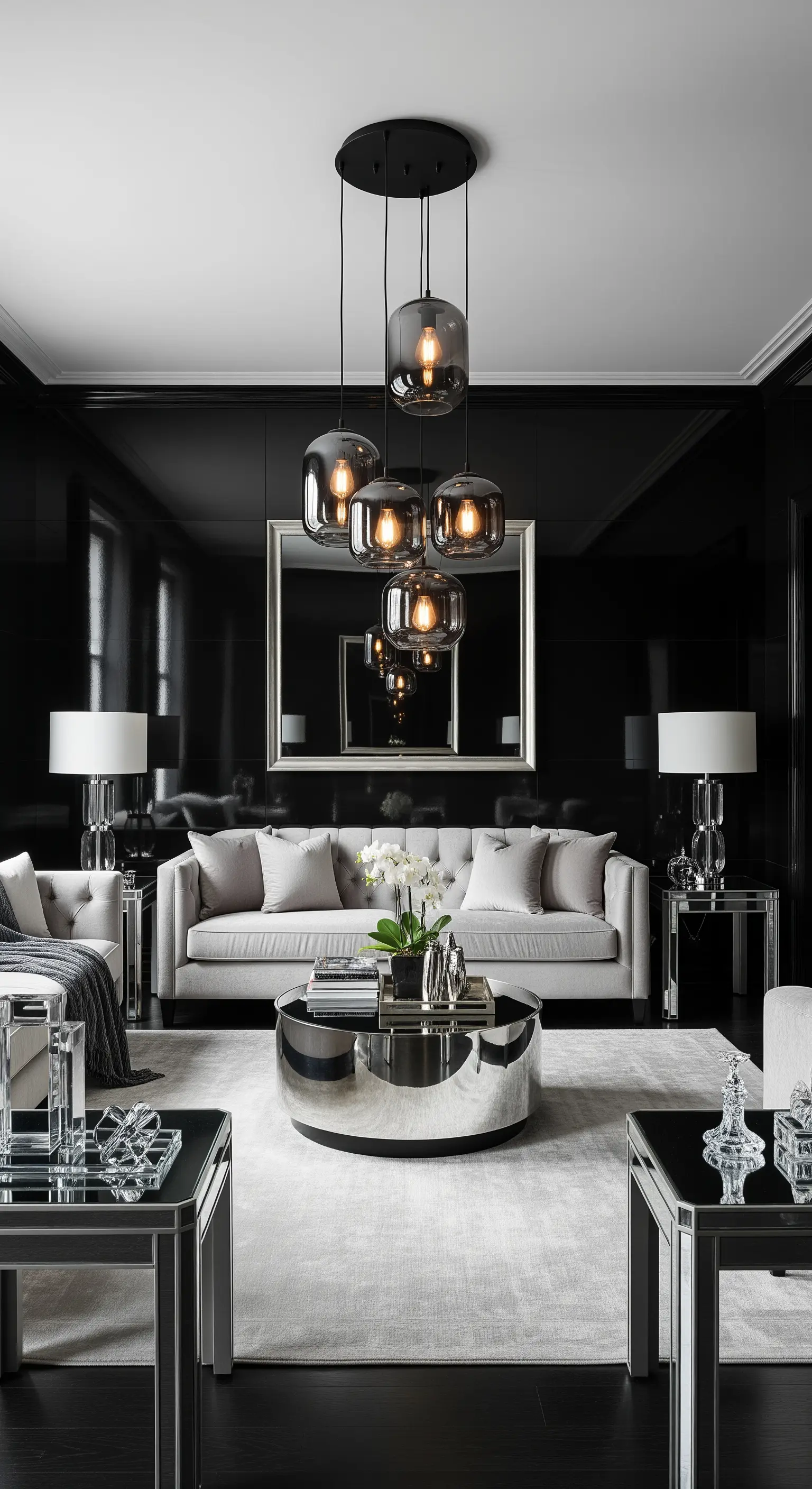 Wohnzimmer mit hochglänzenden schwarzen Wänden und Möbeln aus Chrom und Spiegelglas.