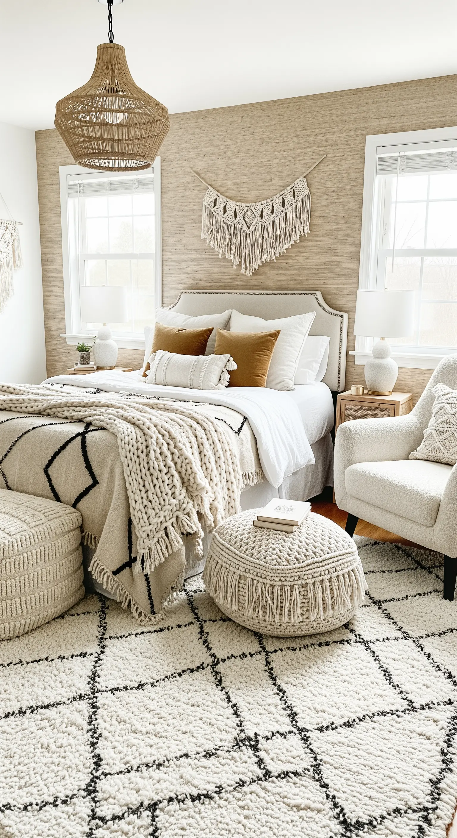 Helles Boho-Schlafzimmer mit vielen verschiedenen Texturen wie Strick, Bouclé und Makramee.