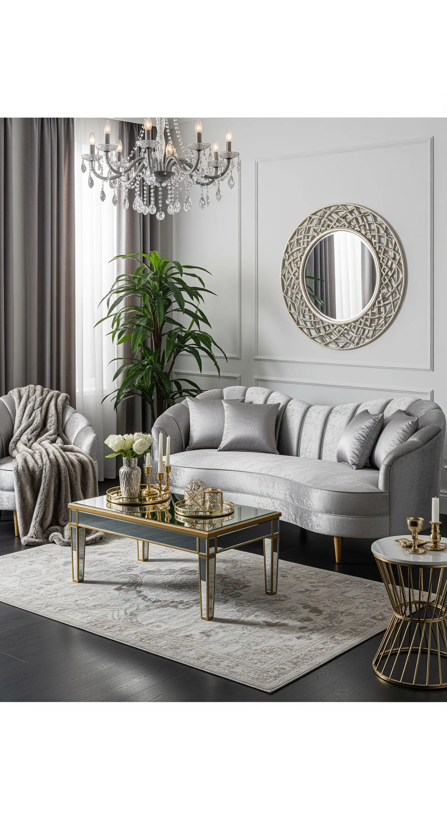 Glamouröses graues Wohnzimmer mit Samtsofa, Kristallleuchter und einem Couchtisch mit Spiegelelementen.