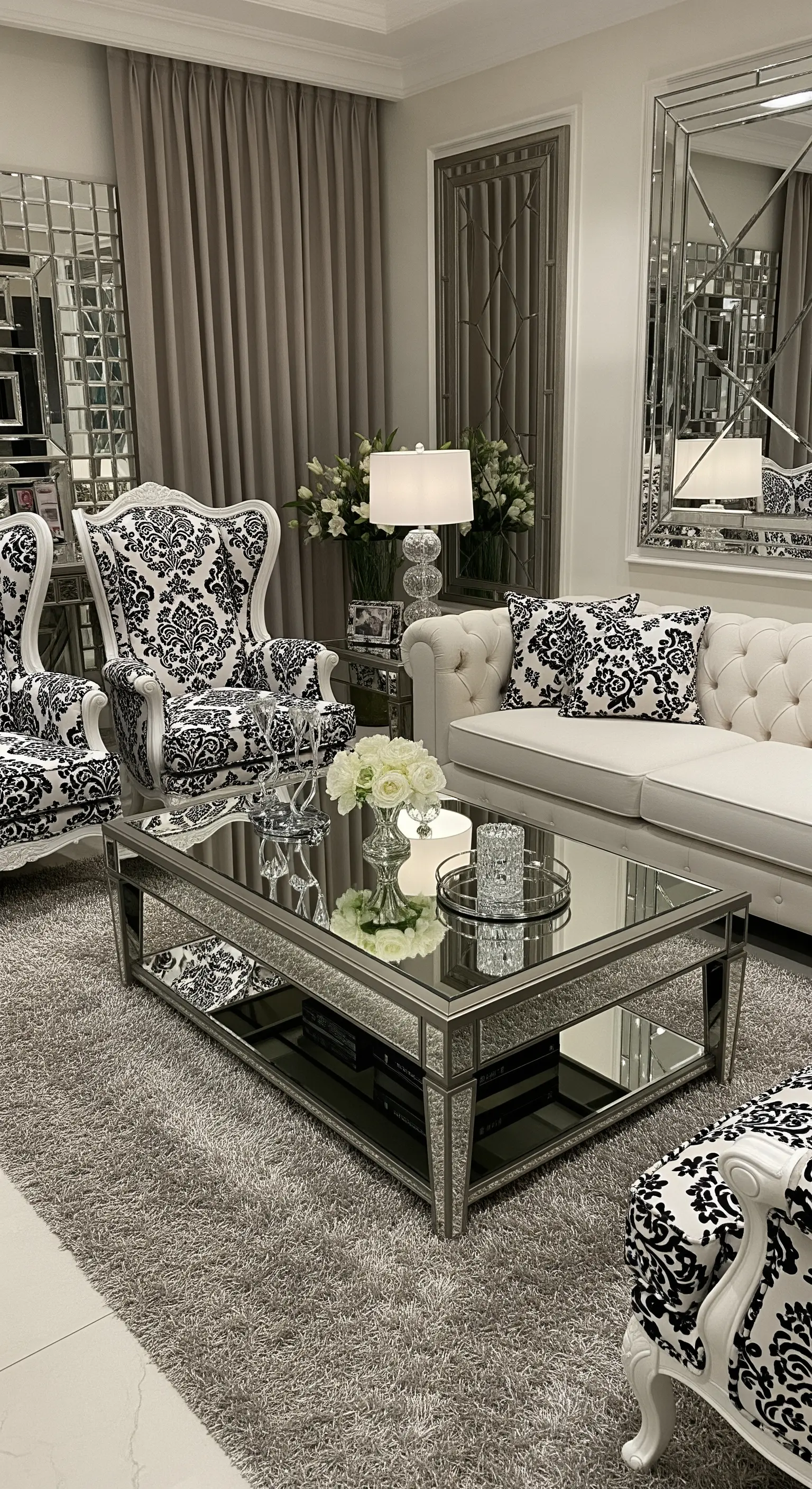 Verspiegelter Couchtisch in einem glamourösen Wohnzimmer mit Damast-Sesseln.