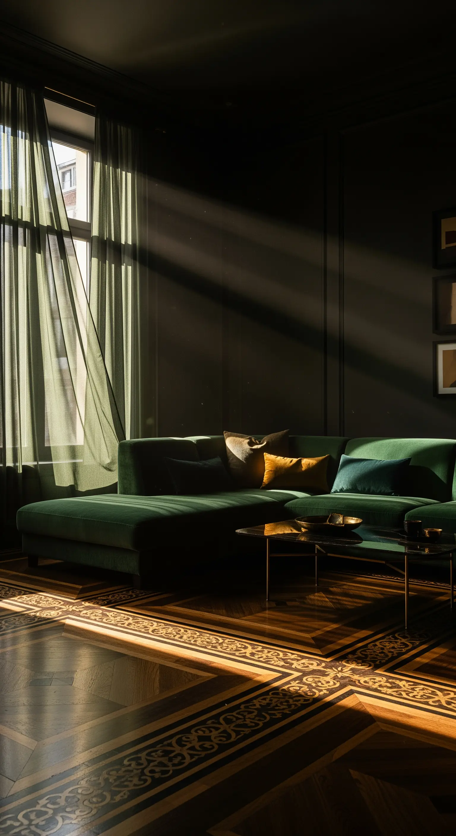 Transparente grüne Vorhänge, Sonnenlichtmuster auf dem Boden, grünes Samtsofa