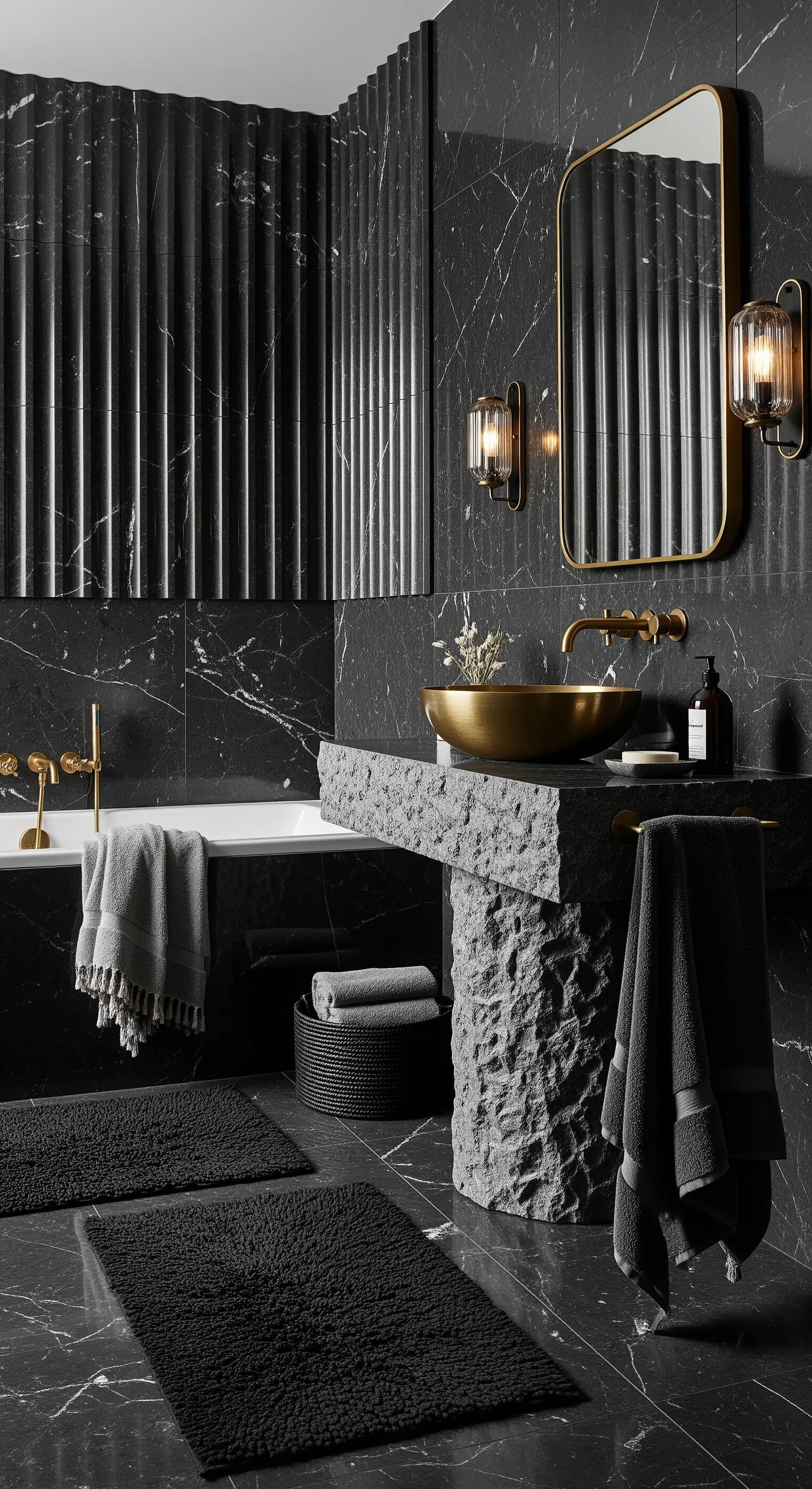 Badezimmer mit schwarzem Marmor, einer geriffelten Akzentwand und einem rauen Steinwaschtisch.