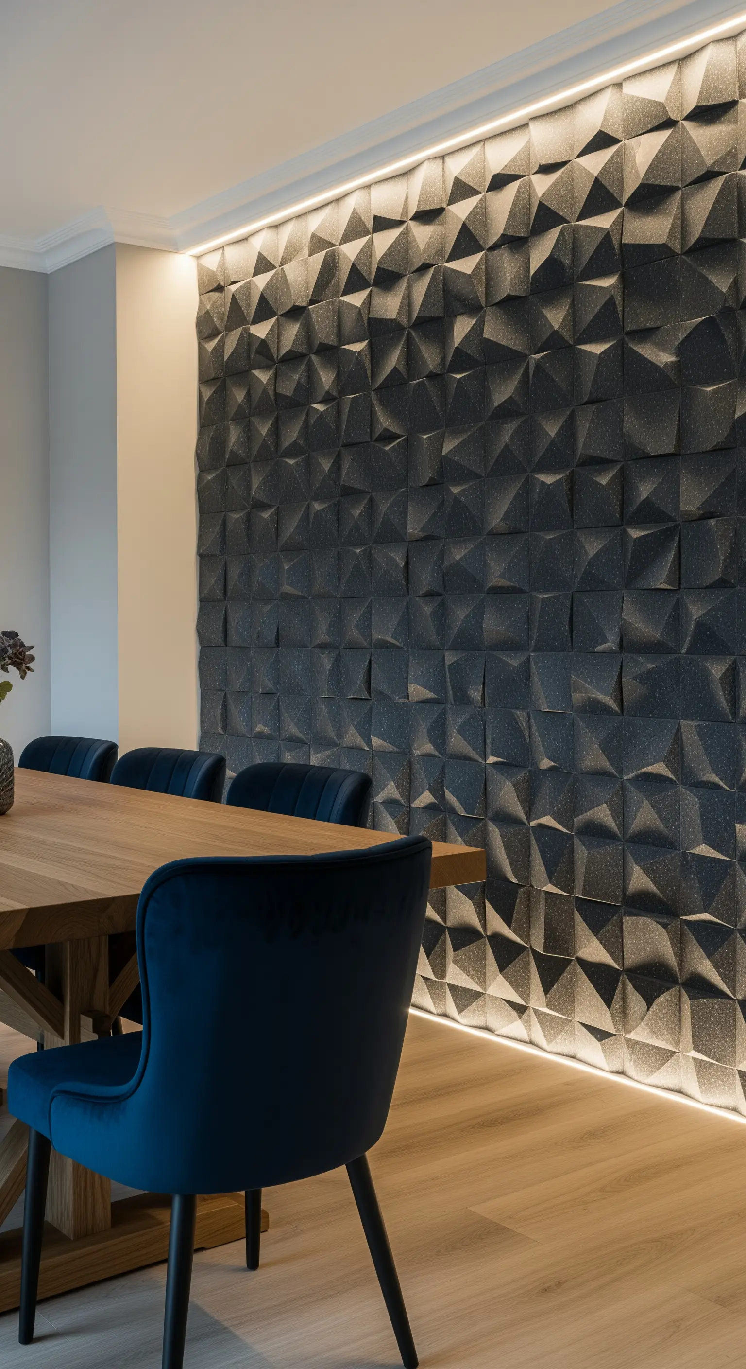 Esszimmer mit einer dunklen, geometrischen 3D-Akzentwand und LED-Beleuchtung.