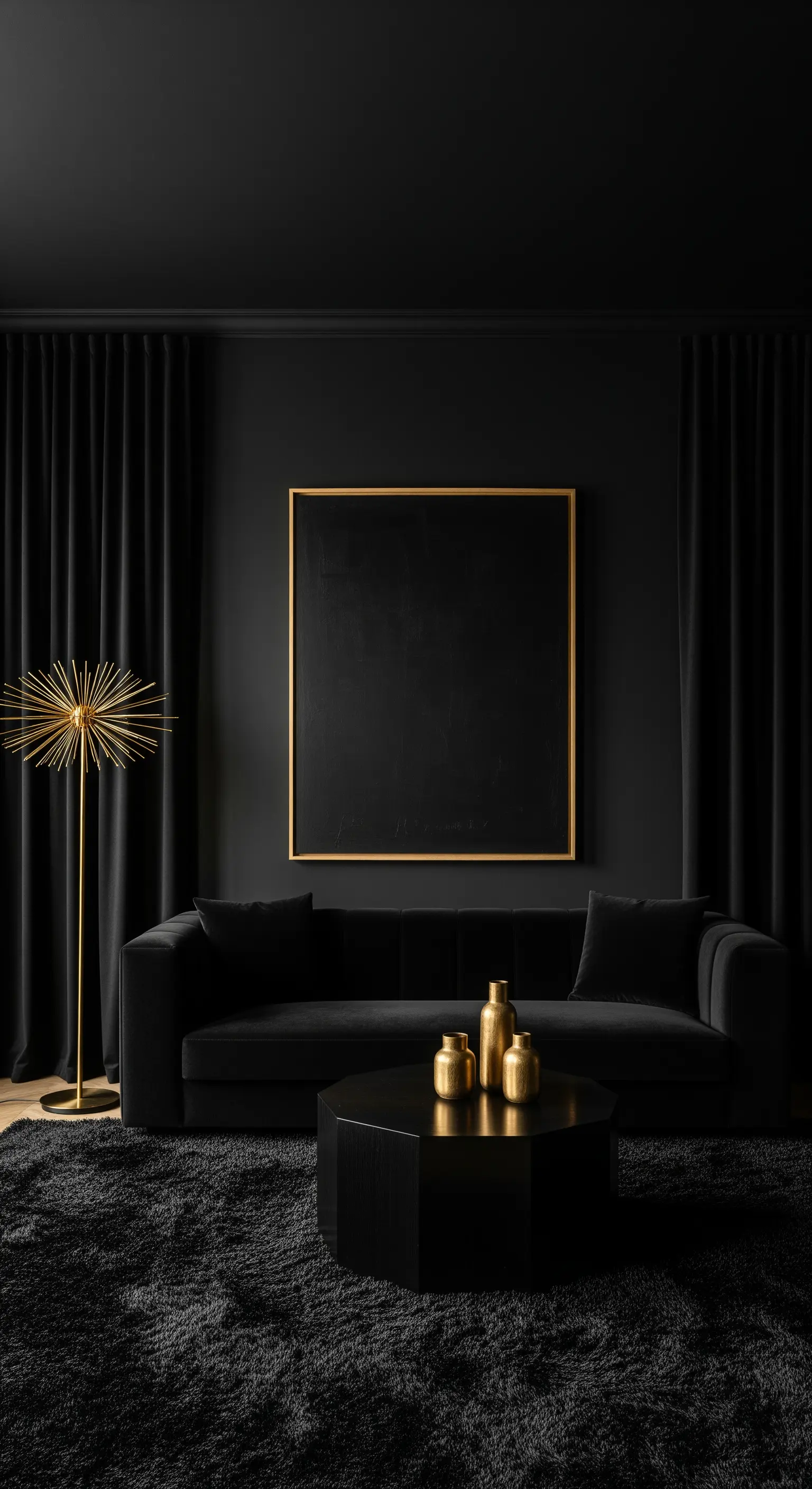 Monochromes schwarzes Wohnzimmer, das durch die Kombination verschiedener Texturen wie Samt und Hochflor-Teppich Tiefe erhält.