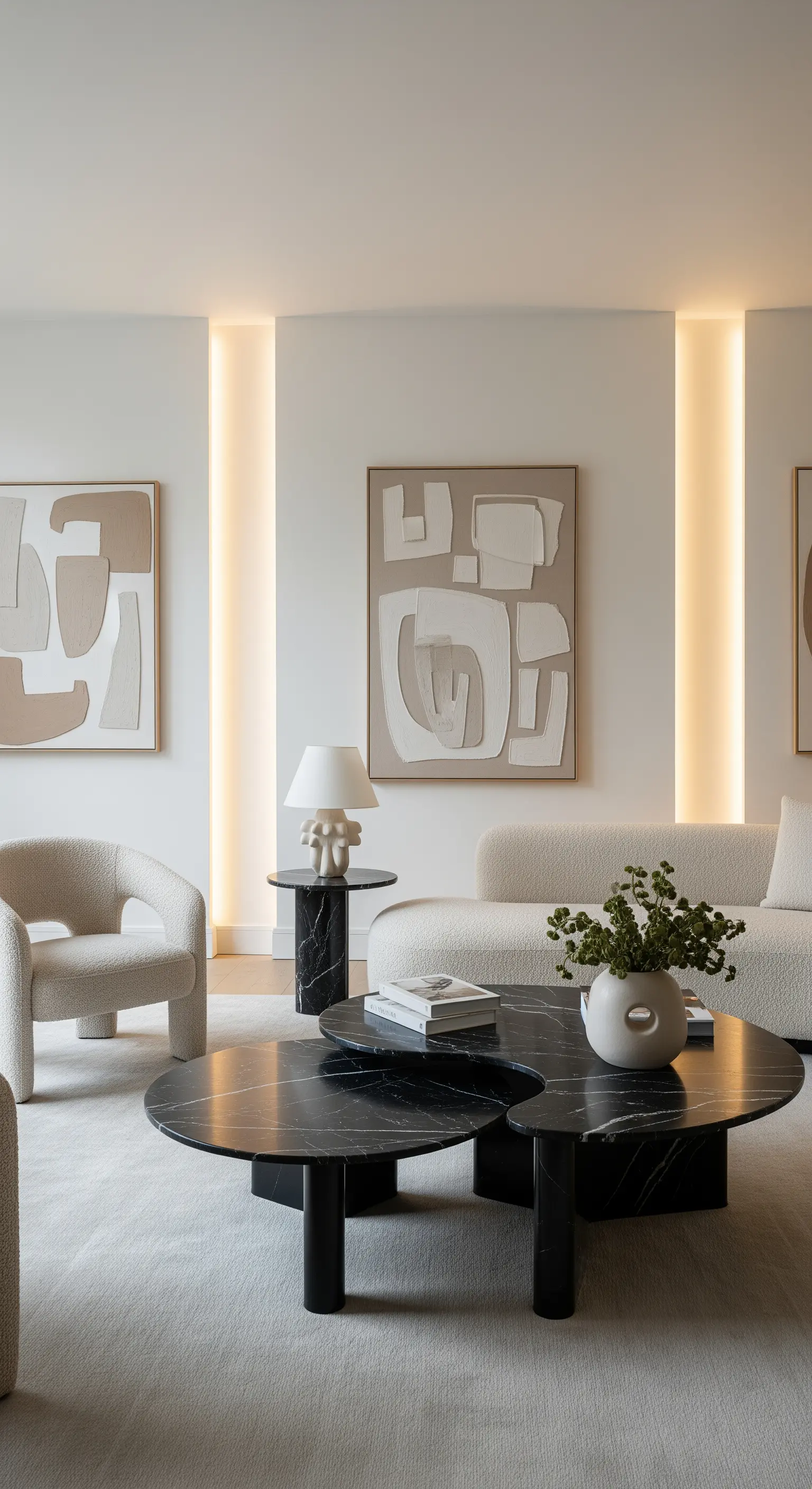 Zweiteiliger, organisch geformter Marmortisch vor einem beigen Bouclé-Sofa.