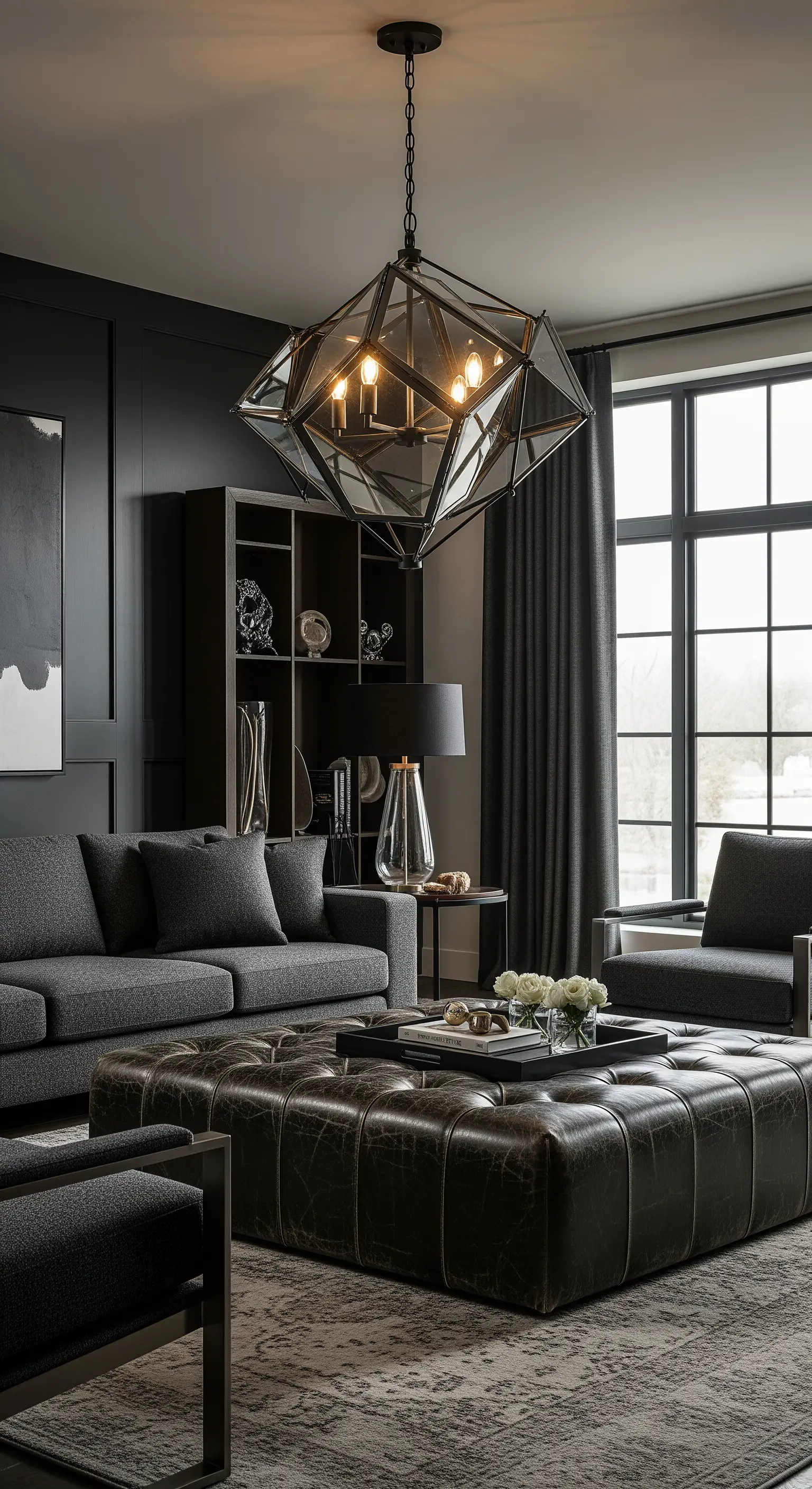 Geometrische Rauchglas-Leuchte in einem dunklen, maskulinen Wohnzimmer mit Lederhocker.