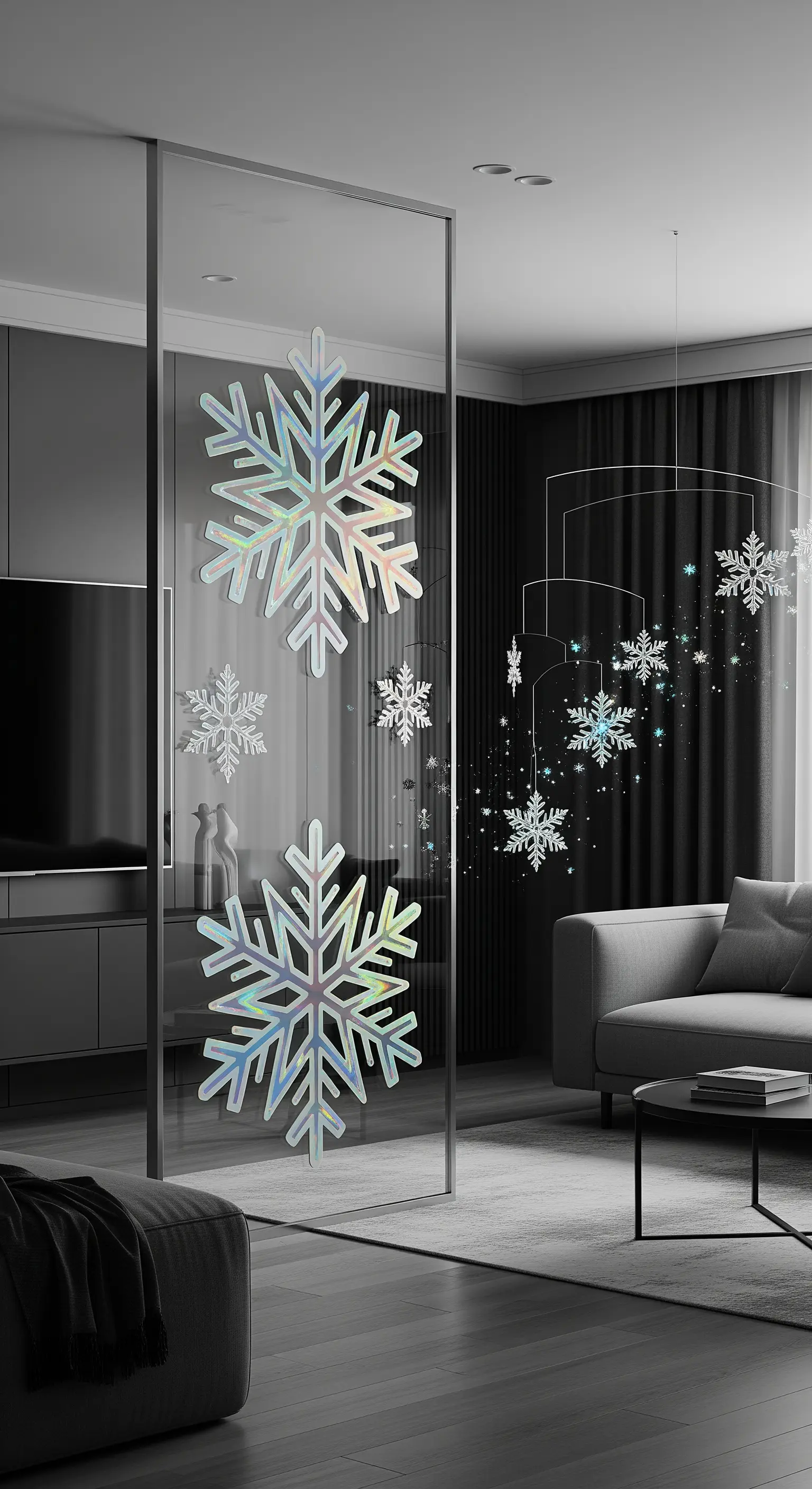 Moderne Wohnzimmerecke mit holografischen Schneeflocken und einem schwebenden Mobile