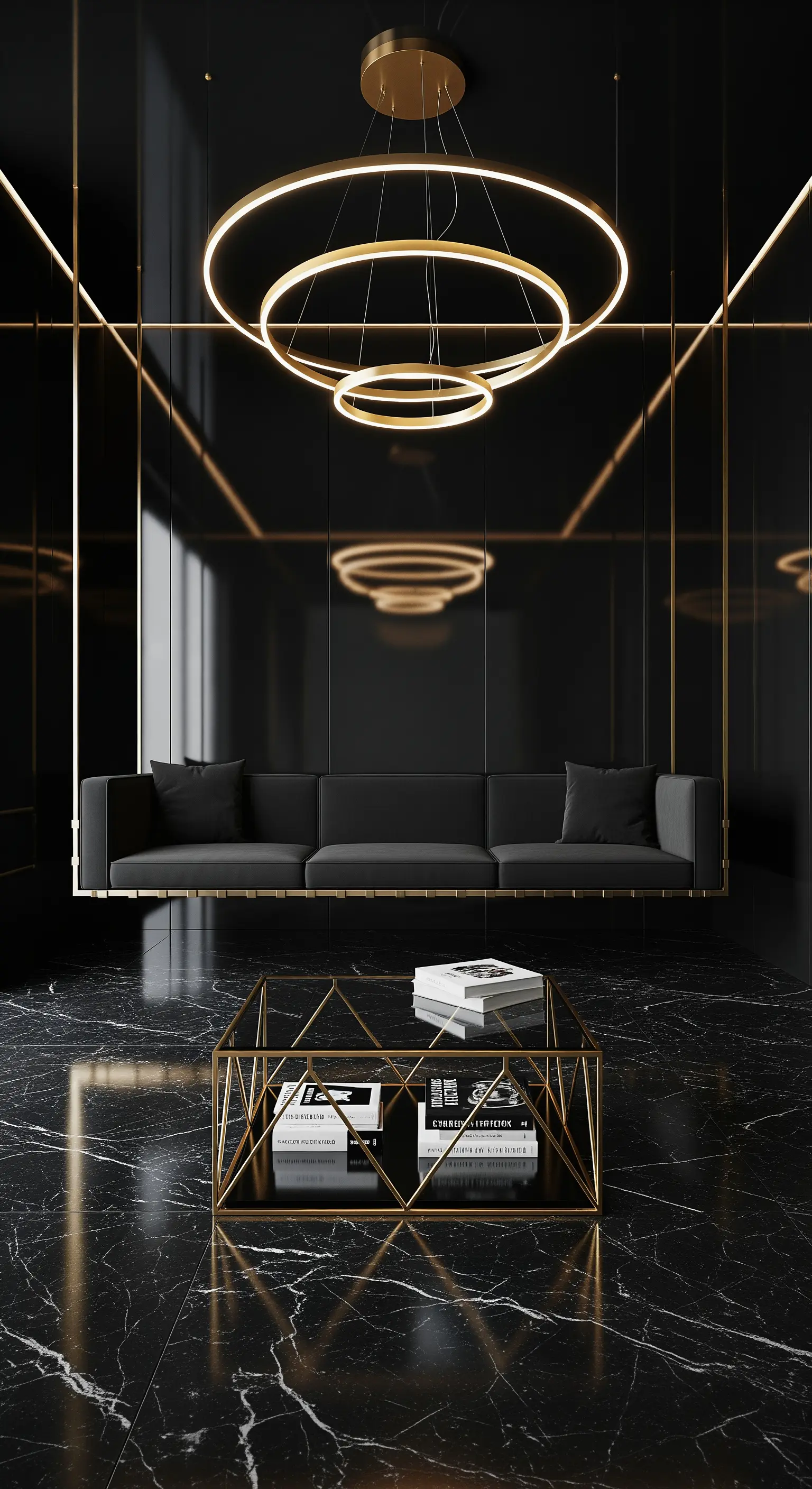 Futuristisches Wohnzimmer mit hochglänzenden schwarzen Oberflächen und einem schwebenden Sofa.