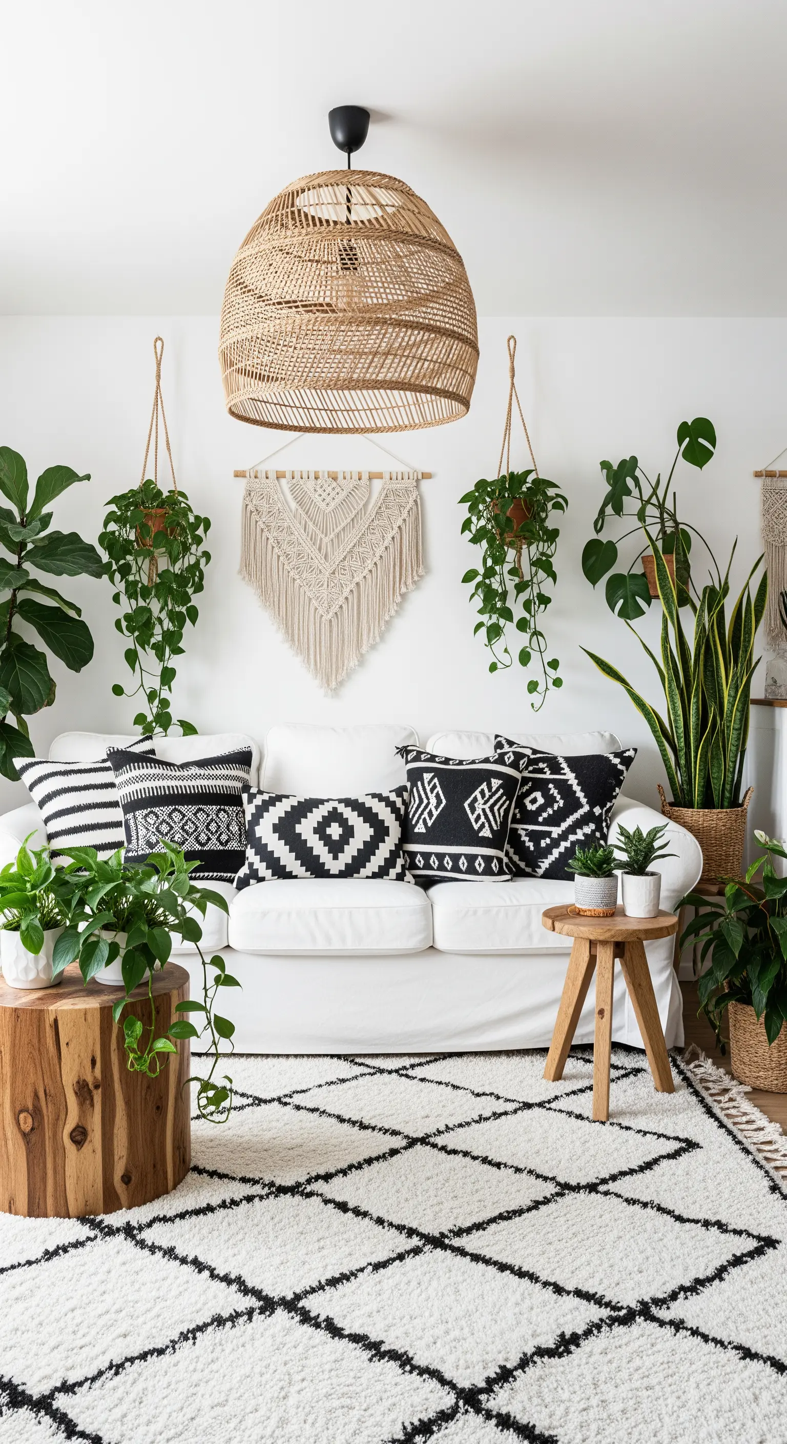 Modernes Boho-Wohnzimmer mit weißem Sofa, schwarz-weißen Musterkissen und vielen grünen Pflanzen.