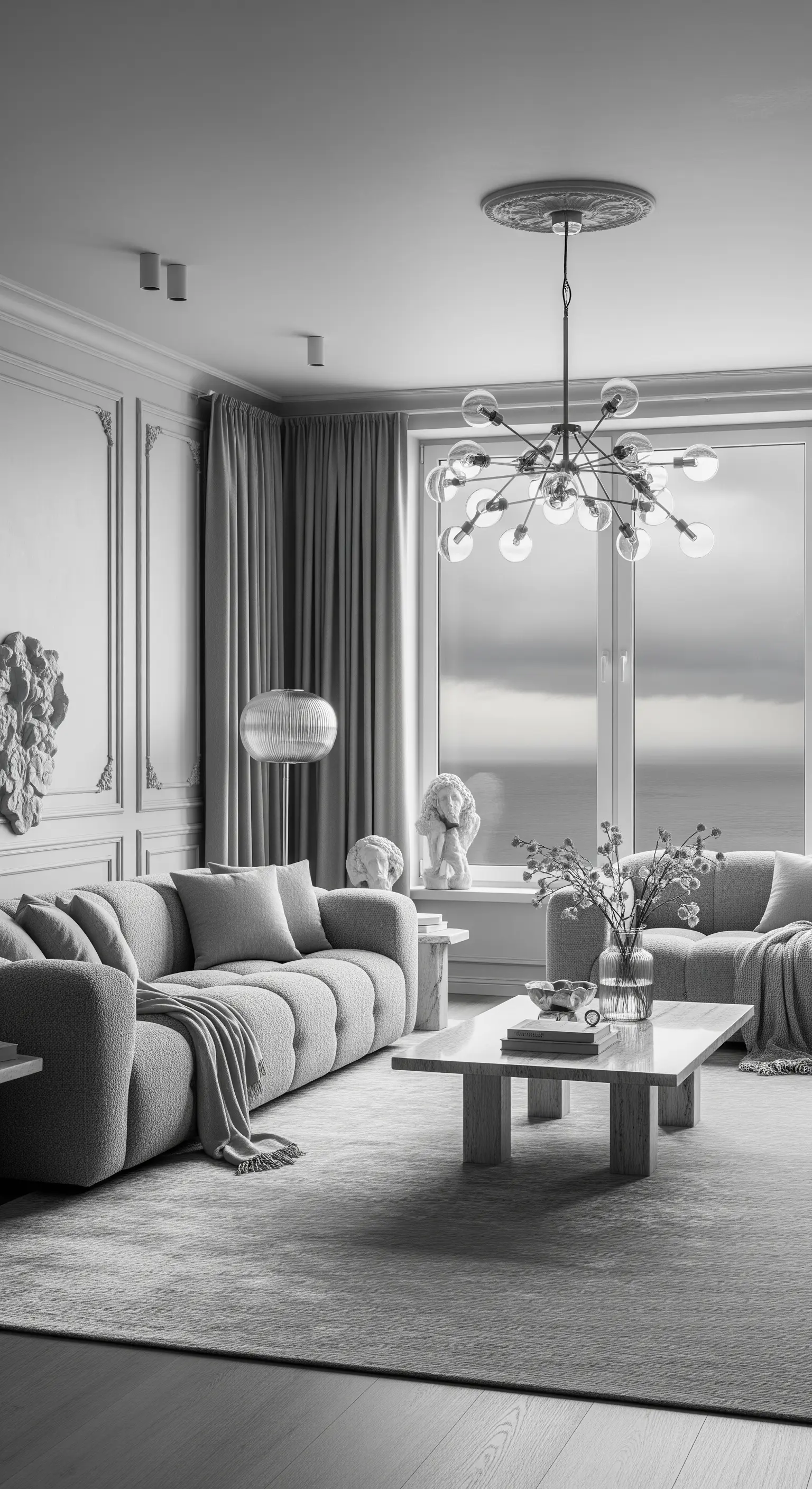 Monochromes graues Wohnzimmer mit Stuck an der Wand, Bouclé-Sofa und Marmortisch.