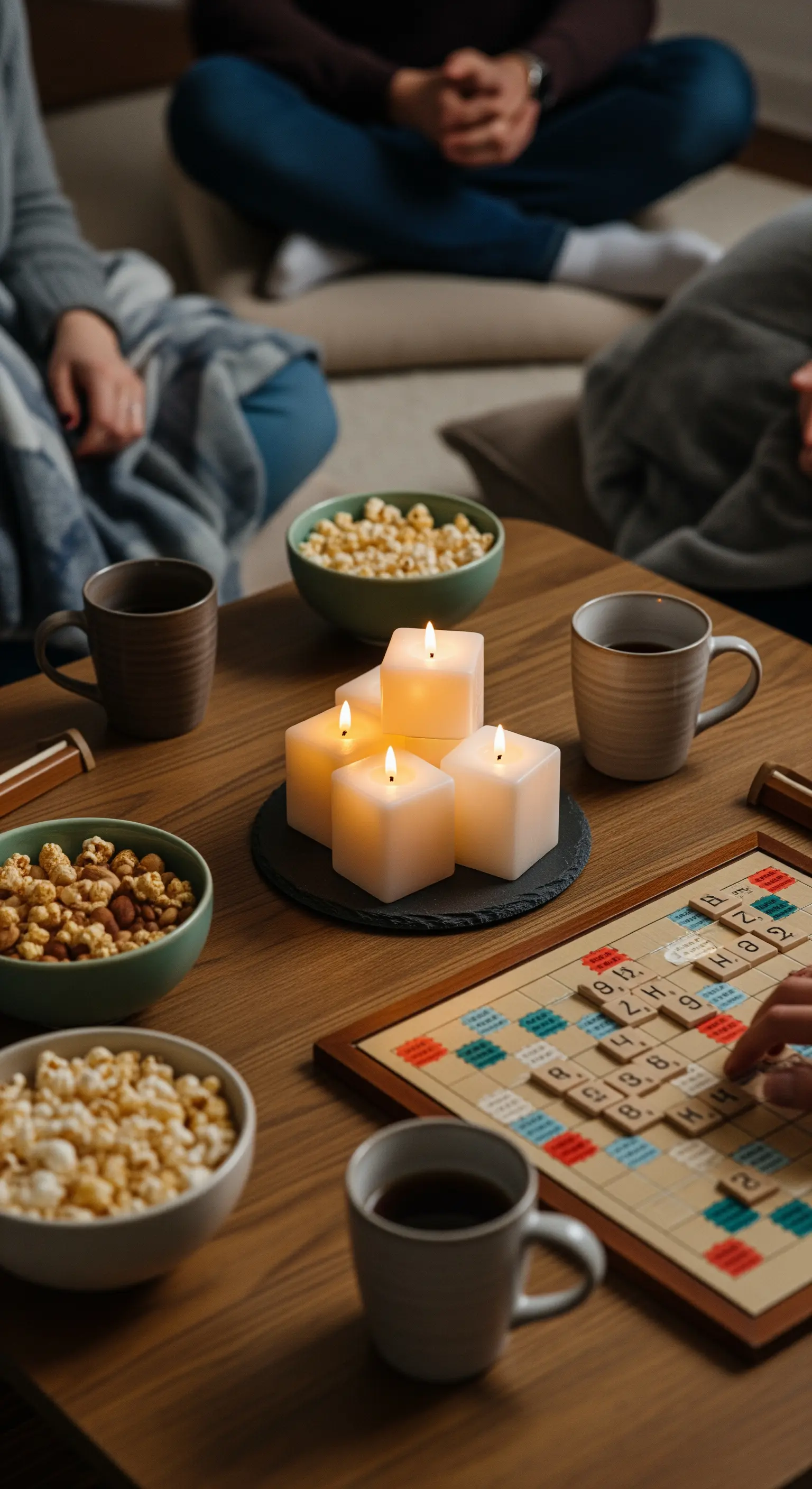 Holztisch mit Scrabble-Spiel, Popcorn und einem Blockkerzen-Arrangement
