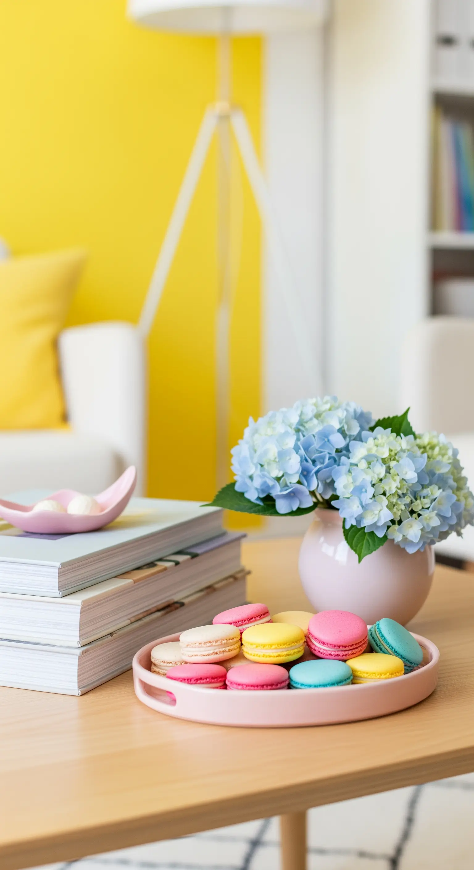 Holztisch mit Büchern, Macarons, blauen Hortensien in pinker Vase, gelbe Wand