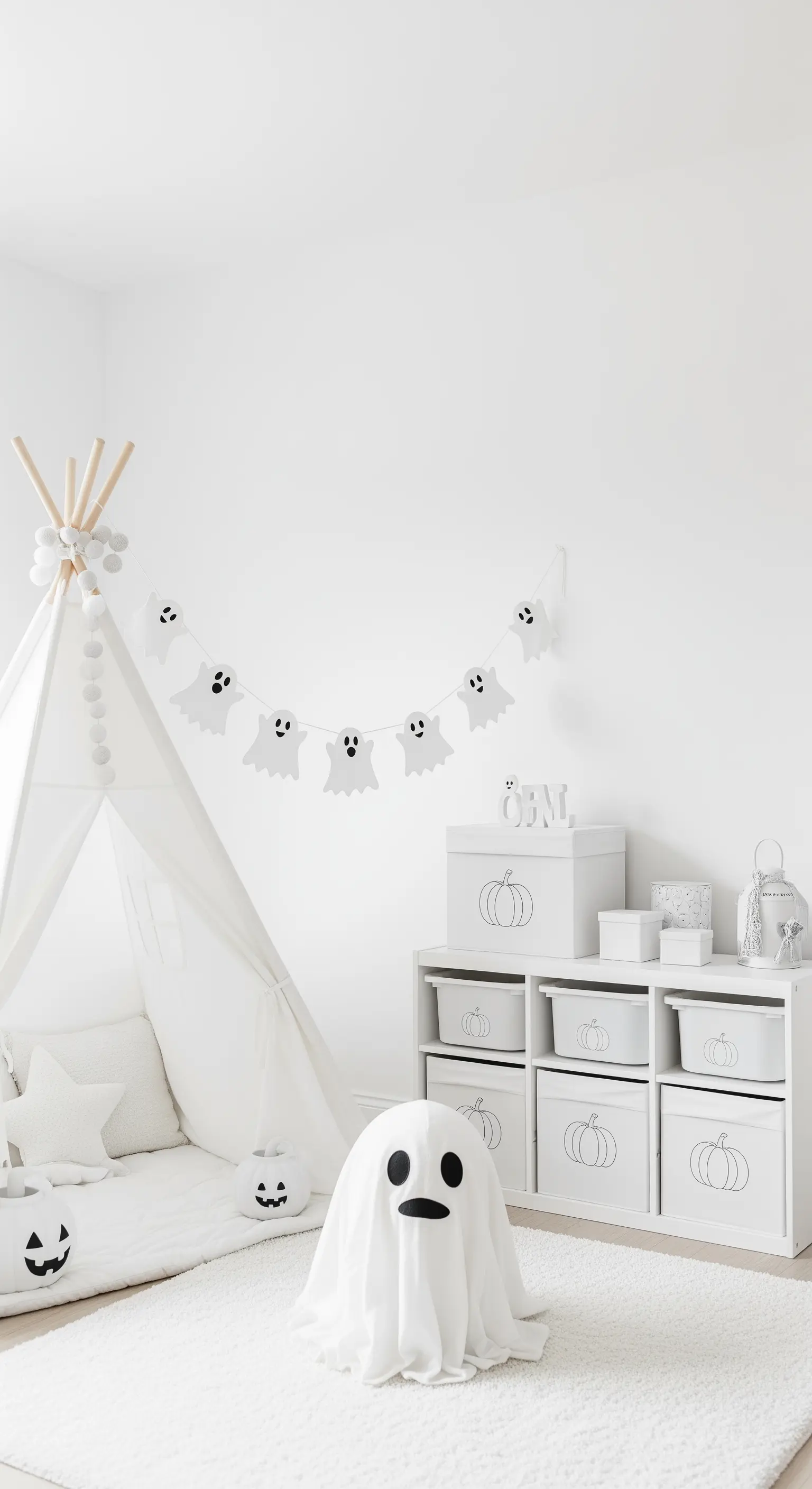 Kinderzimmer mit Tipi, weißen Kürbis-Boxen und fröhlicher Geister-Deko