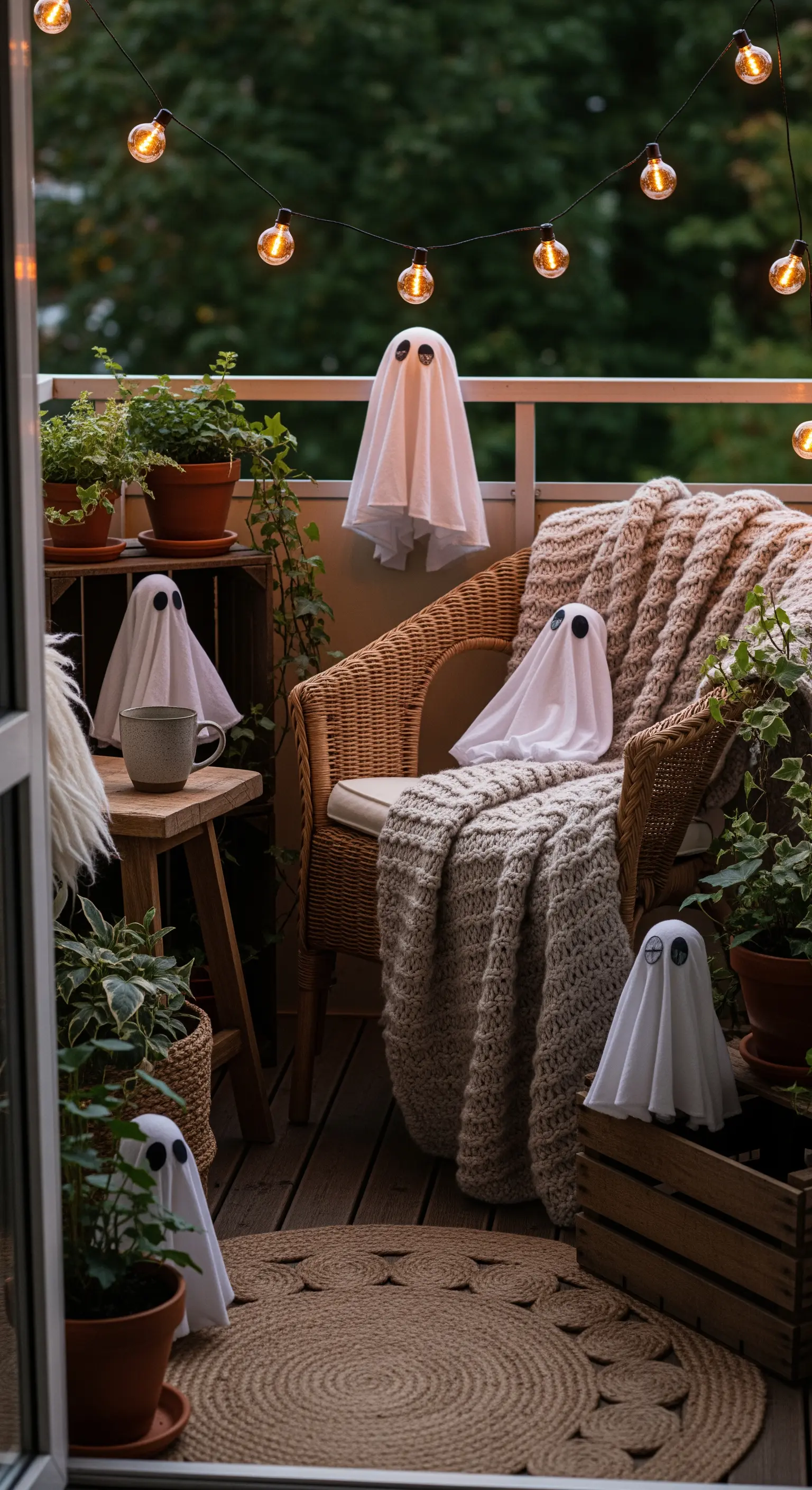 Balkon mit weißen Stoffgeistern, Rattansessel, Pflanzen und Lichterkette