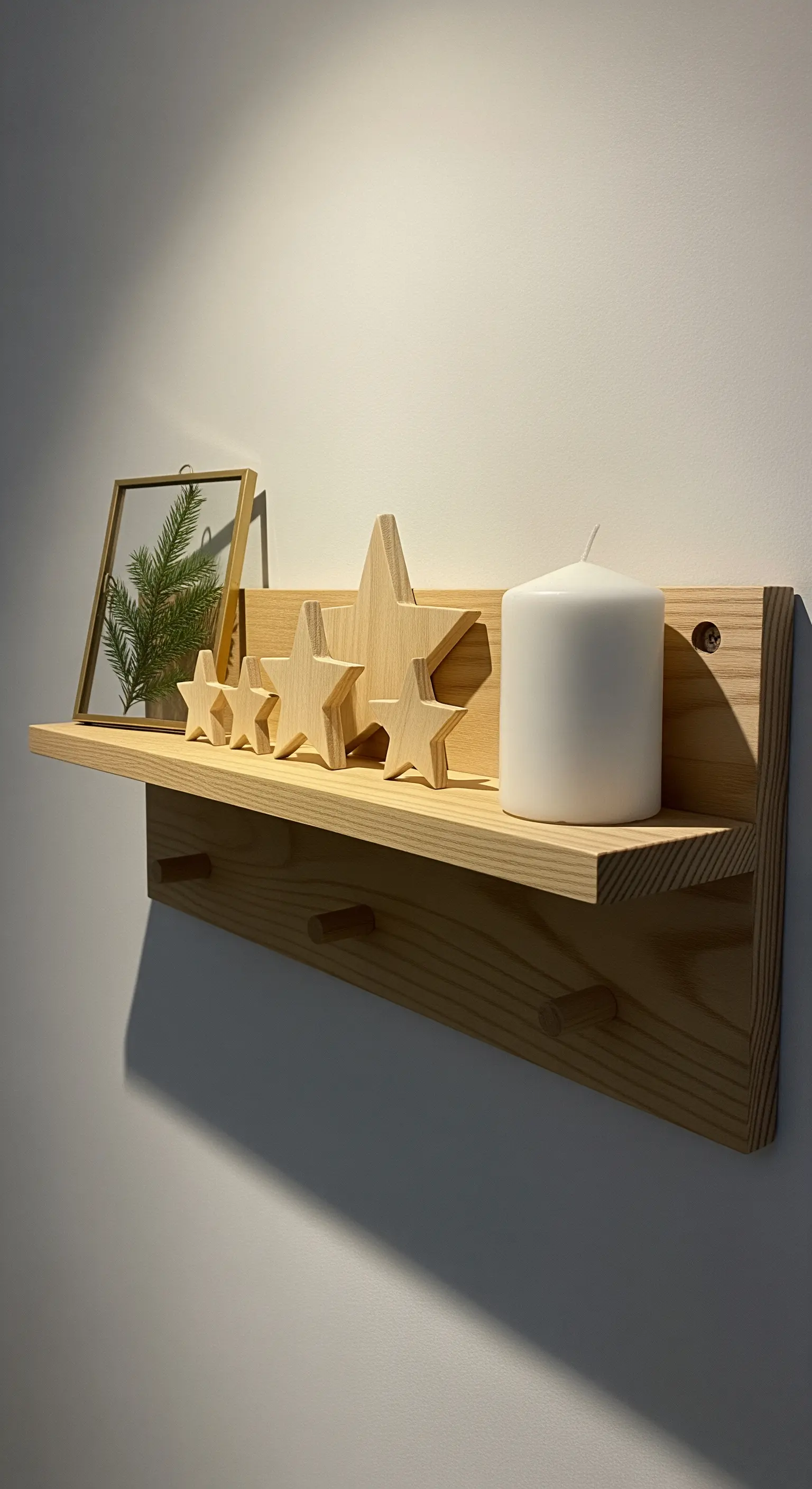 Holzregal mit Holzsternen, kleinem Grünzweig-Bild und weißer Kerze