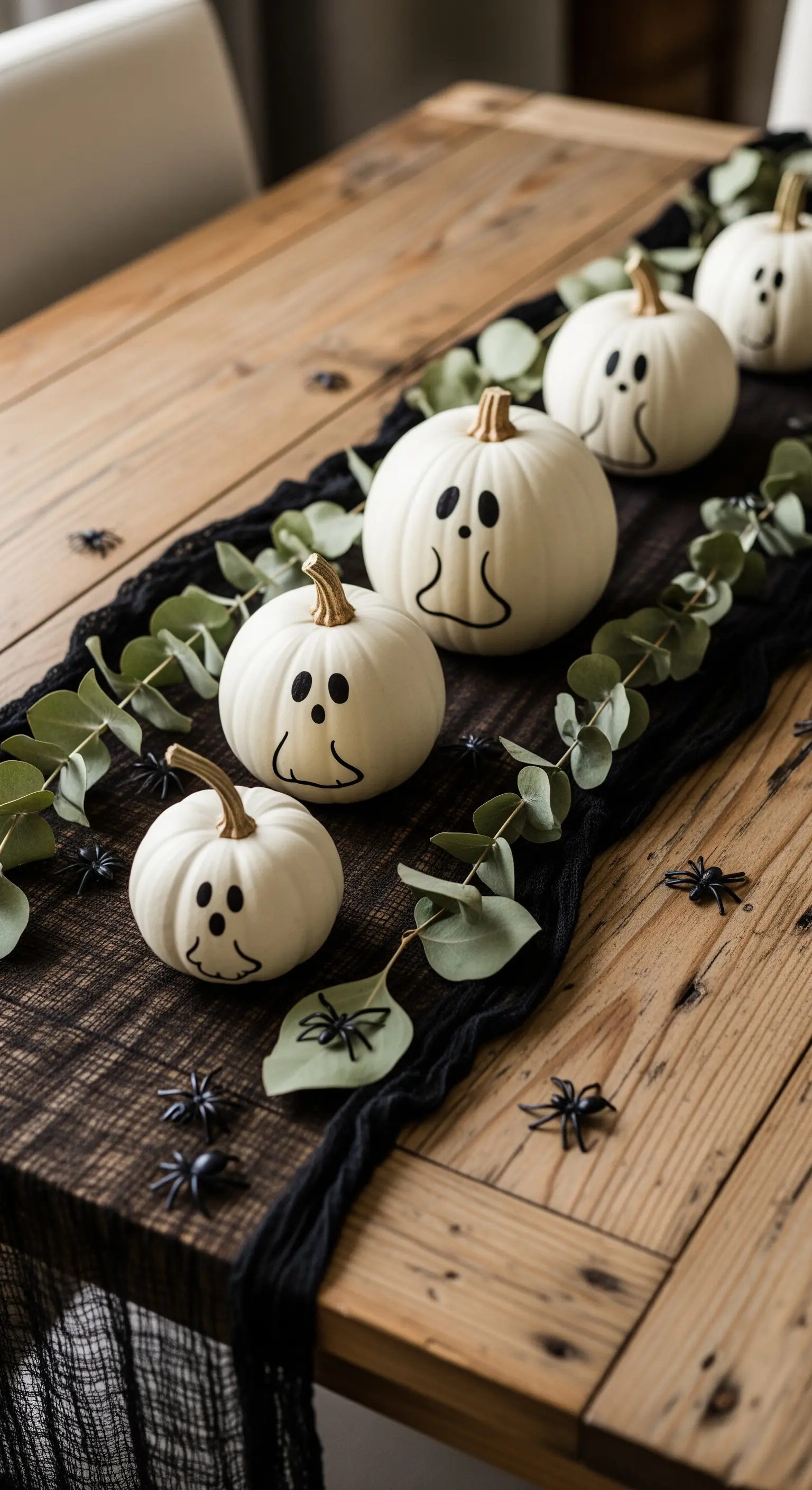 Tischdeko mit weißen Kürbisgeistern, schwarzem Läufer und Eukalyptus.