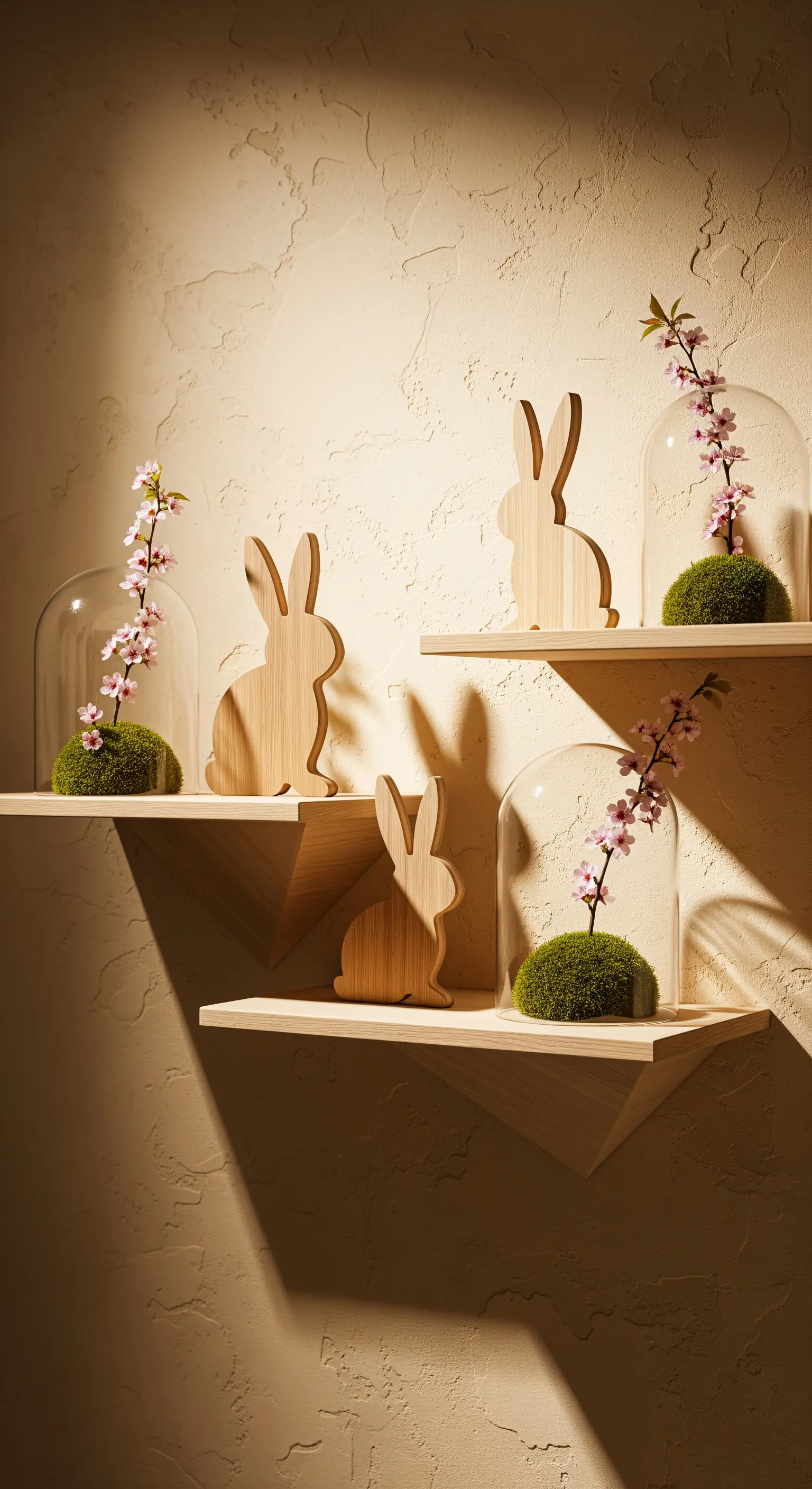 Schwebende Regale mit Holzhasen, Kirschblütenzweigen und Moos unter Glasglocken