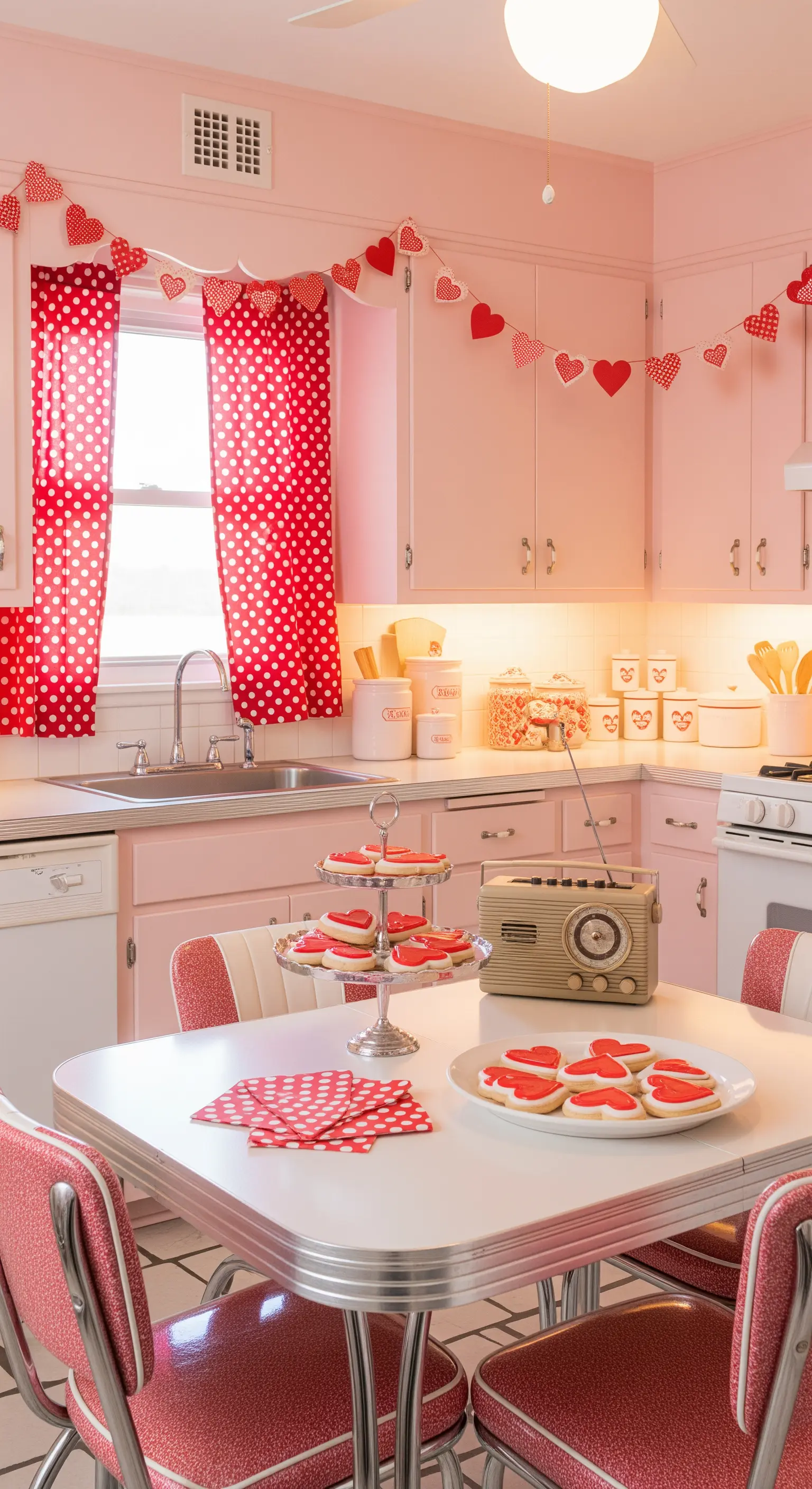 Retro Küche, rosa Schränke, rote Herzen, gepunktete Vorhänge, Vintage-Radio