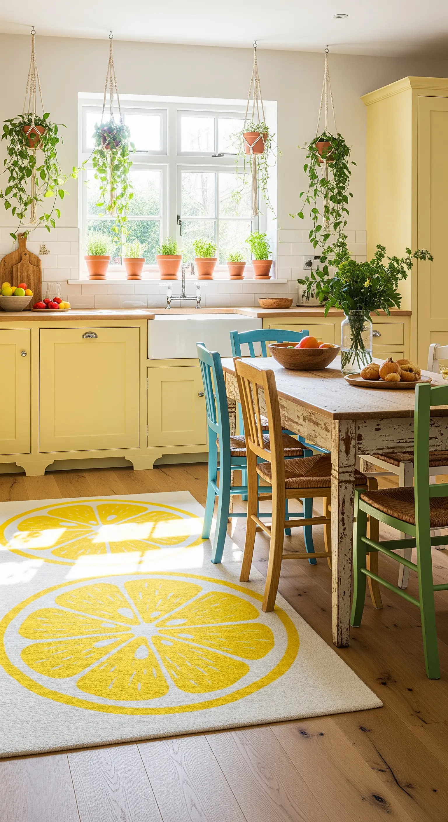 Helle Küche mit großem gelbem Zitronenteppich und Hängepflanzen
