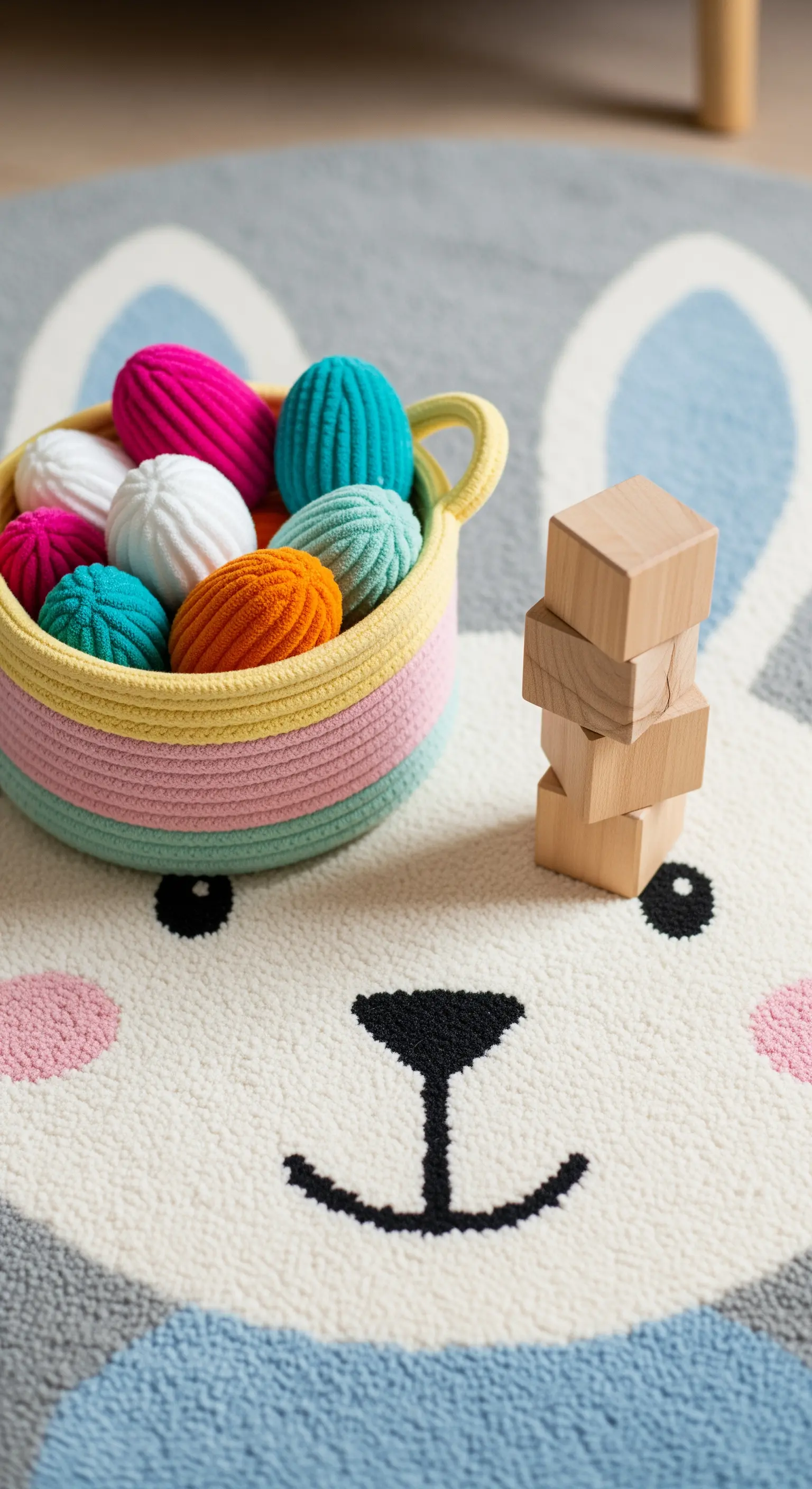 Bunny rug with a colorful basket of textured Easter eggs and wooden blocks.