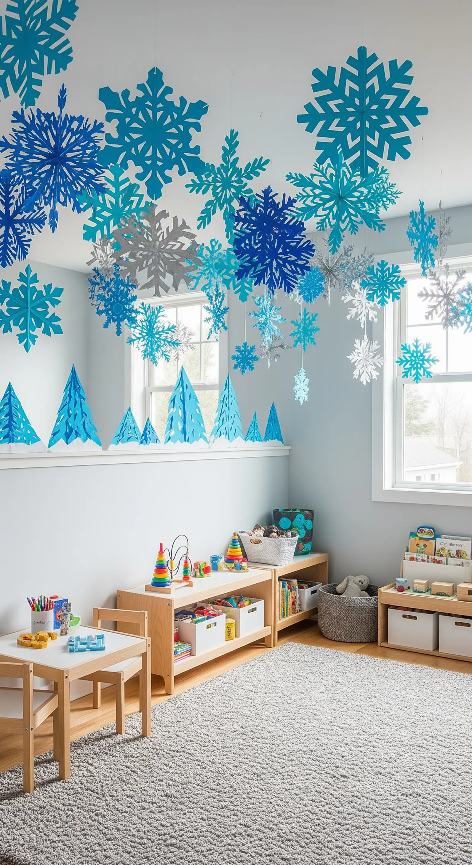 Kinderzimmer mit blauen und silbernen Schneeflocken an der Decke und Papierbäumen