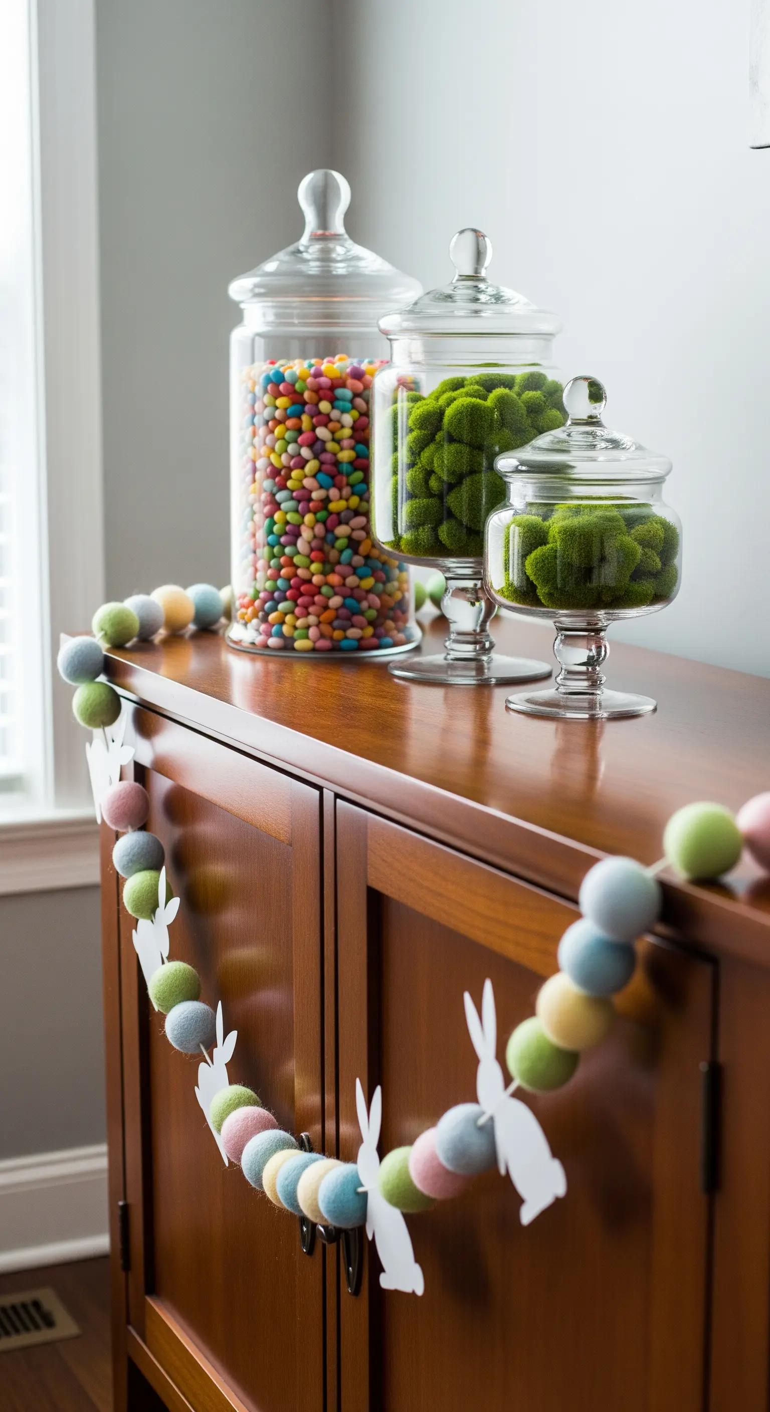 Sideboard mit Glasgefäßen, Jelly Beans, Moos und Pompon-Hasen-Girlande.