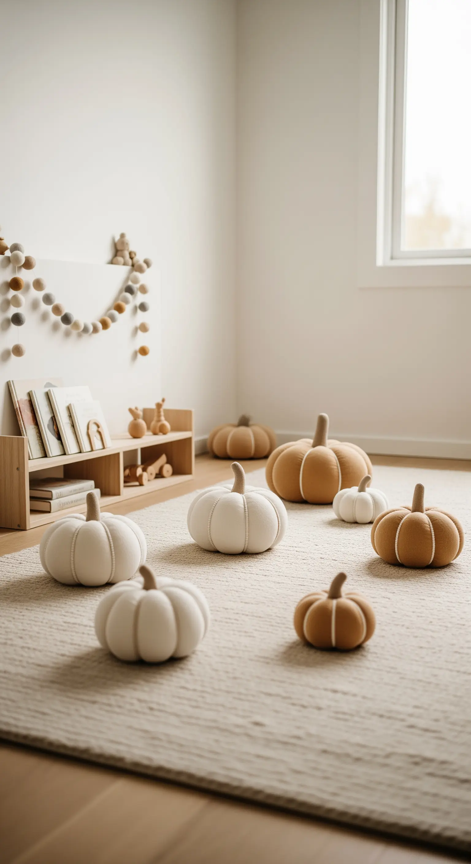 Kinderzimmer mit beigen und weißen Stoffkürbissen, Filzgirlande und Holzregalen.