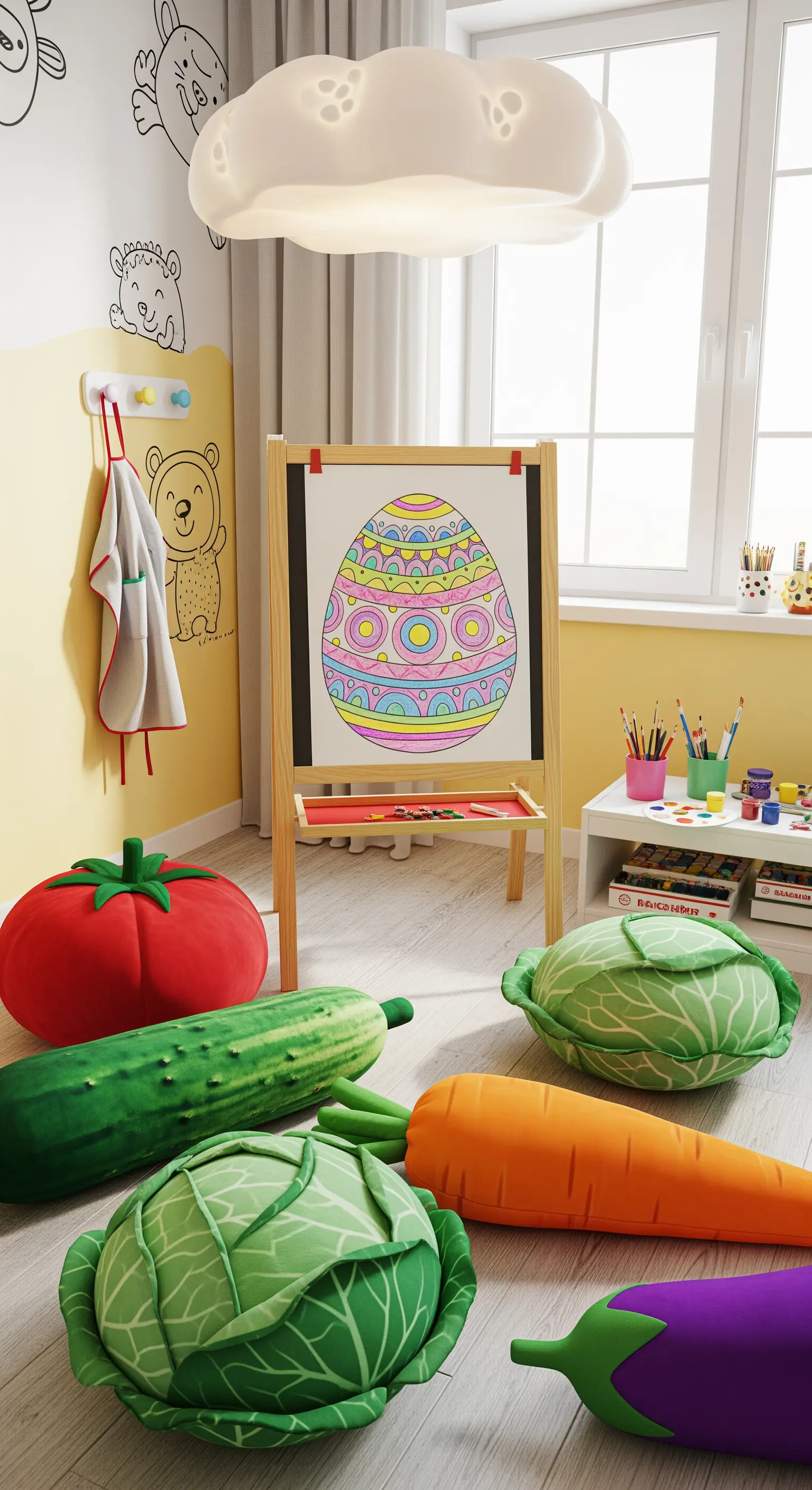 Playroom with large vegetable plushies, easel with Easter egg drawing.