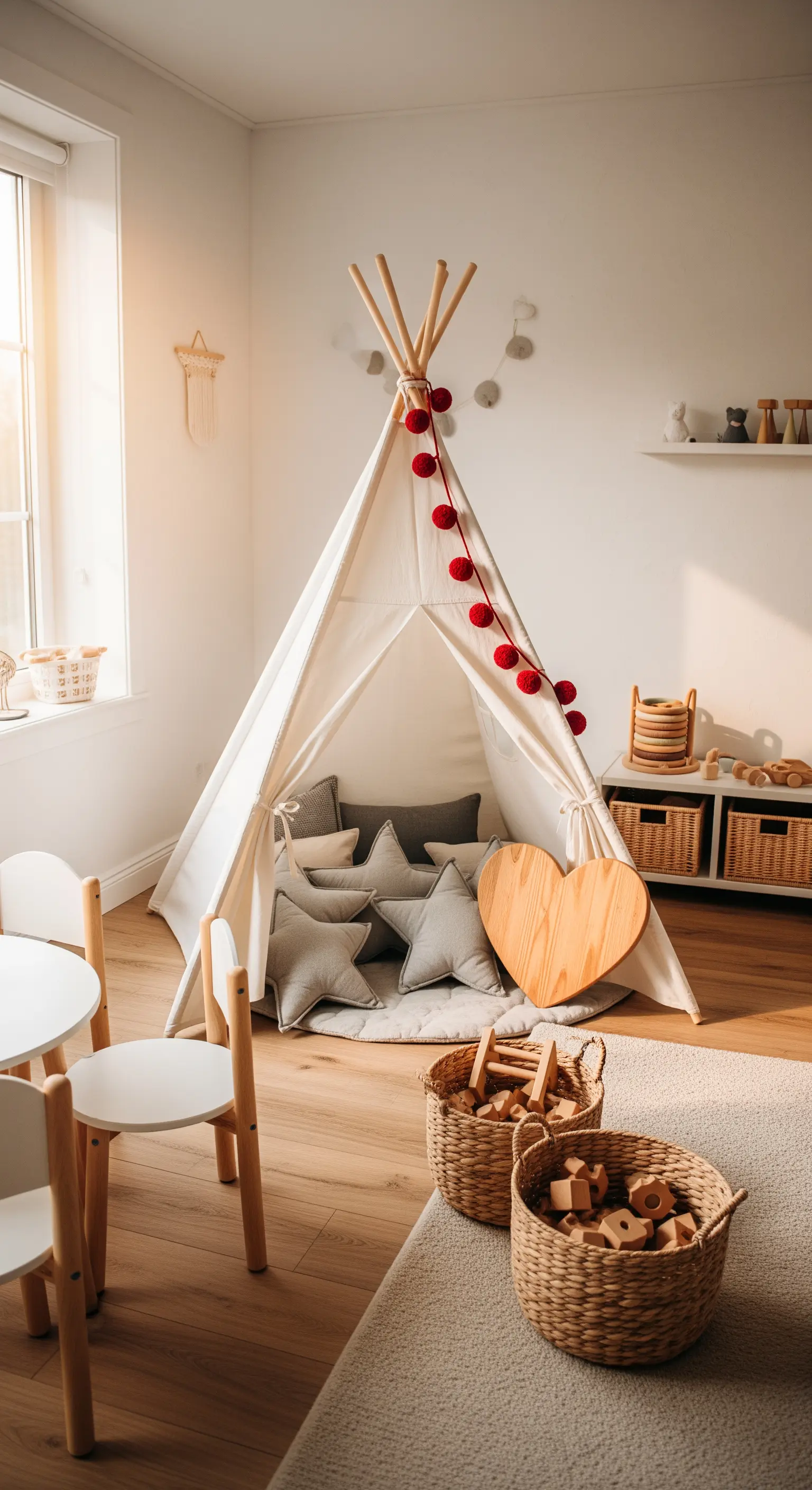 Kinderzimmer mit Tipi, roten Pompons, Sternenkissen, Holzherz und Körben voller Spielzeug.