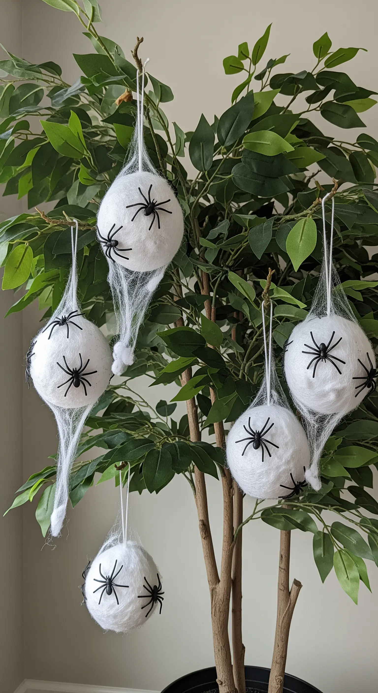 Weiße, mit Spinnennetz umwickelte Kugeln hängen als Spinnennester in einer grünen Zimmerpflanze.