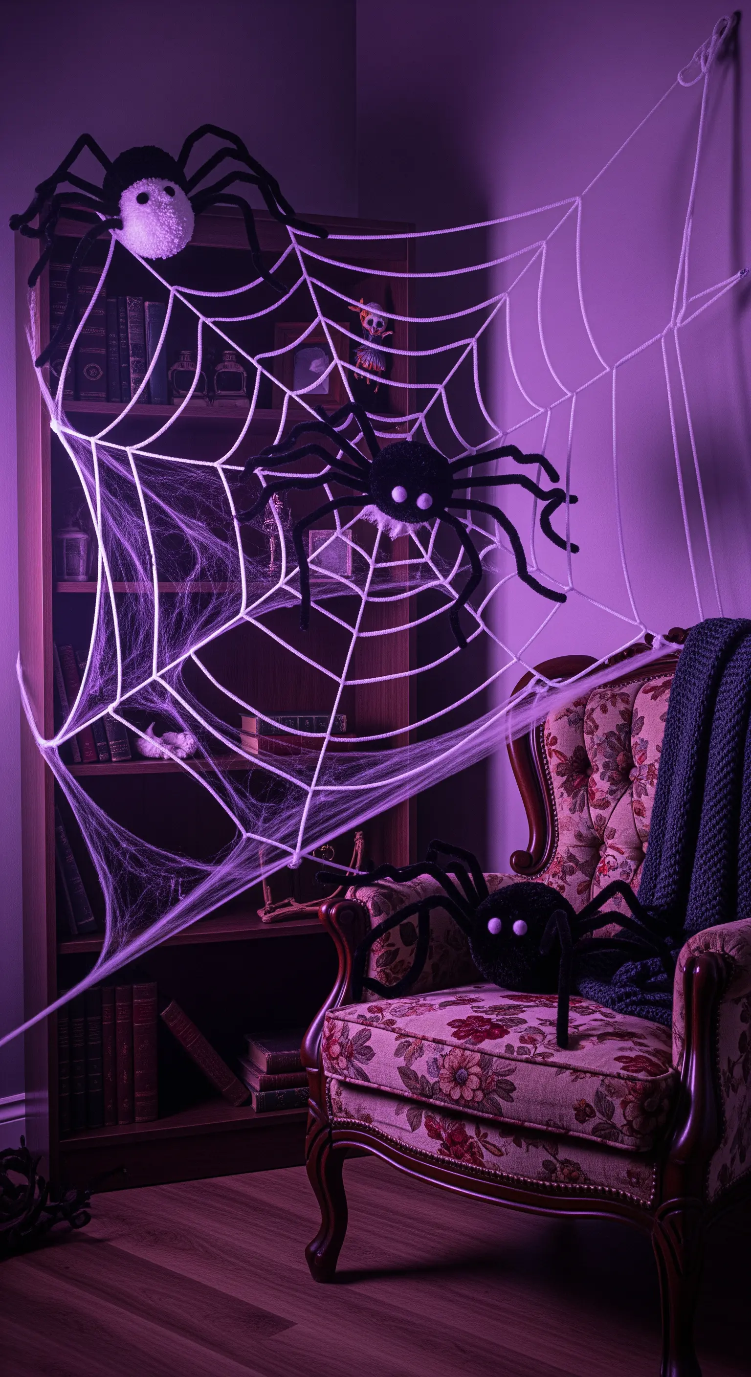 Spinnweben-Deko mit großen Spinnen und lila Beleuchtung im Wohnzimmer.