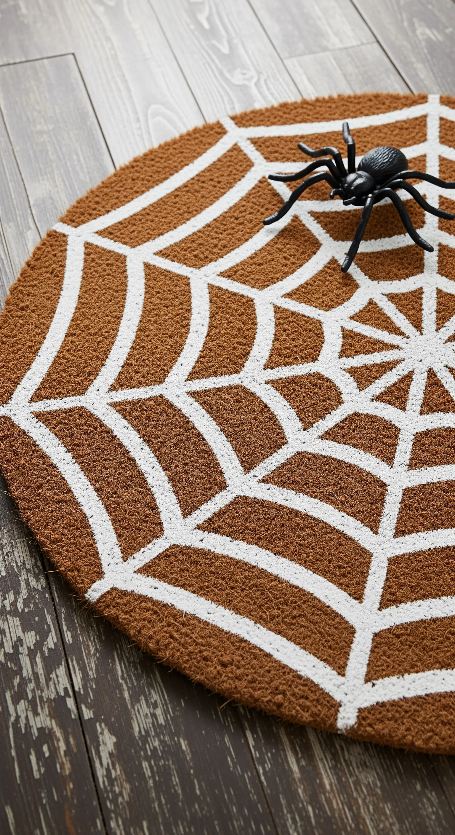 Runde Kokos-Fußmatte mit Spinnennetz-Muster und schwarzer Spinne.