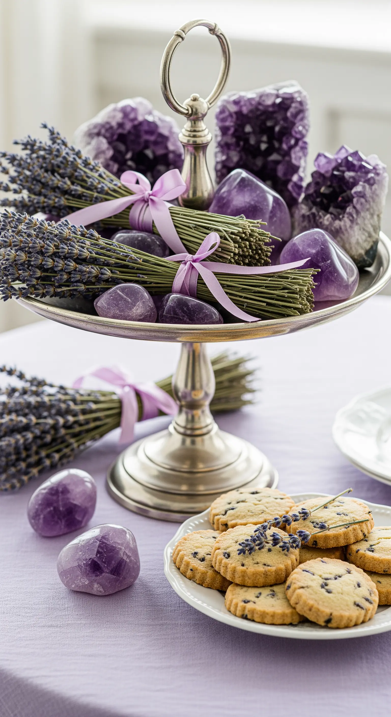 Silber-Etagere dekoriert mit Lavendel-Bündeln und violetten Amethyst-Kristallen.