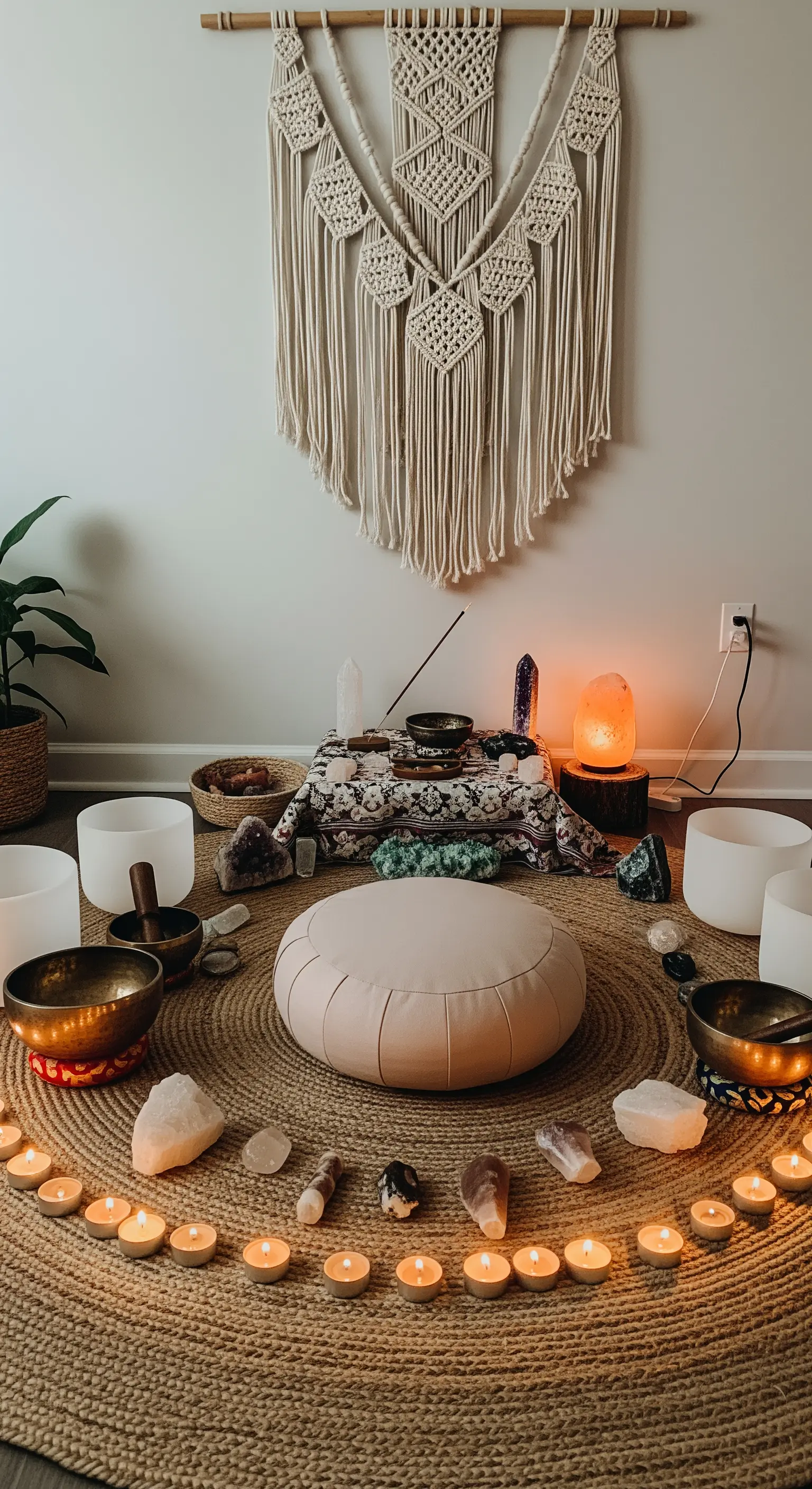 Meditationsplatz mit Klangschalen, Kristallen, Salzkristalllampe und Kerzenkreis
