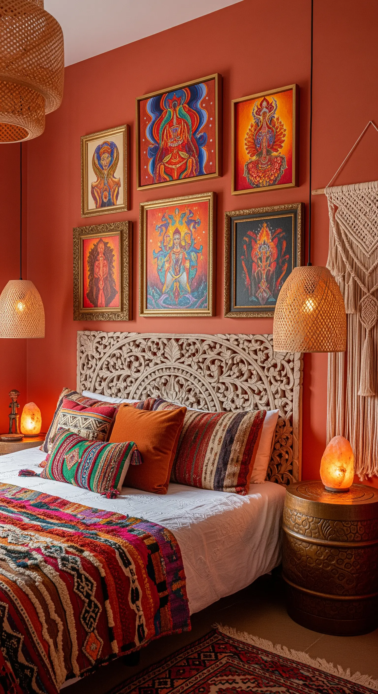 Boho-Schlafzimmer mit terrakottafarbenen Wänden und einer Galerie spiritueller Kunst.