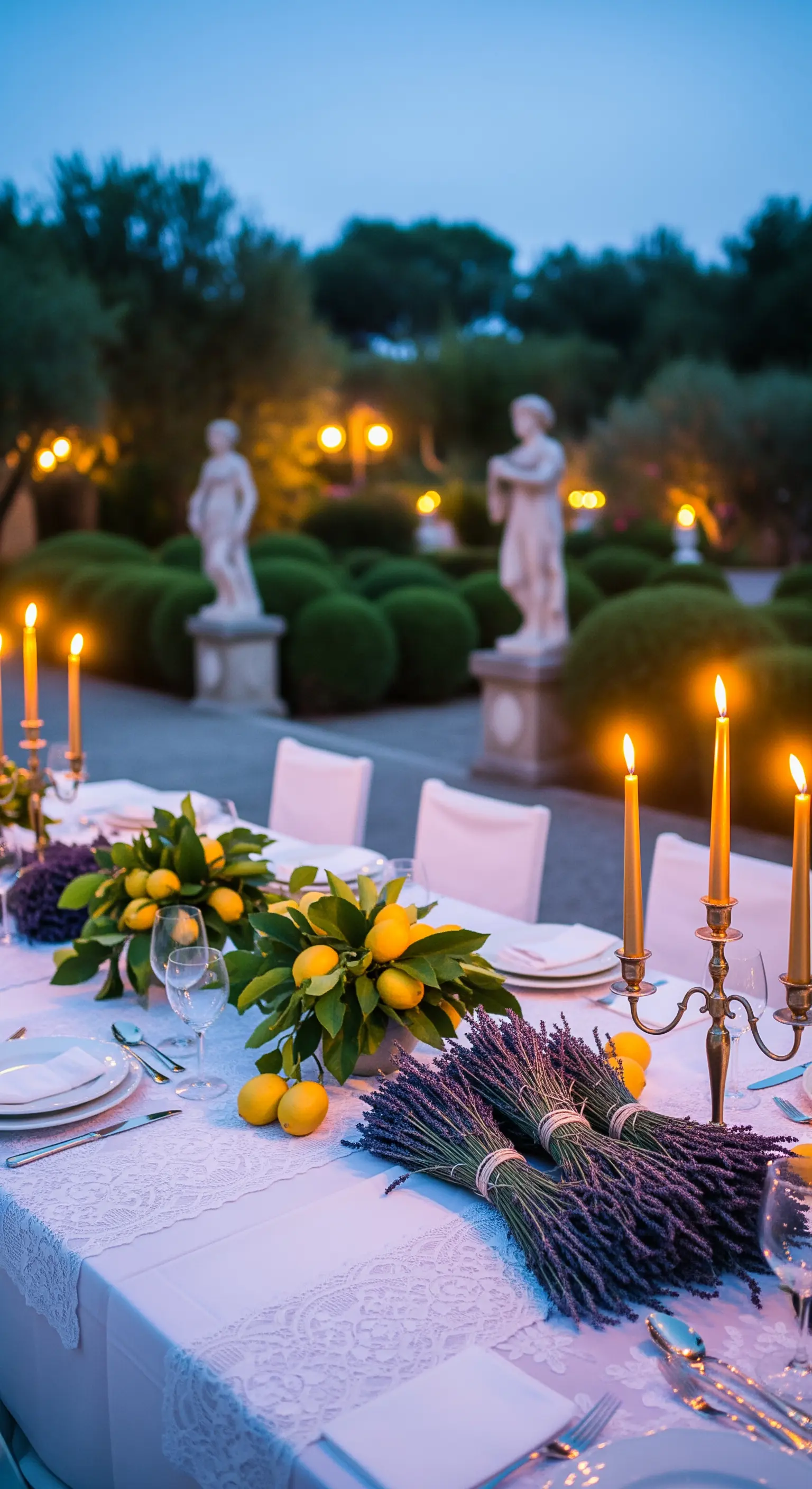Tisch mit Spitzentischdecke, Silber-Kandelabern, Lavendelsträußen und Zitronen