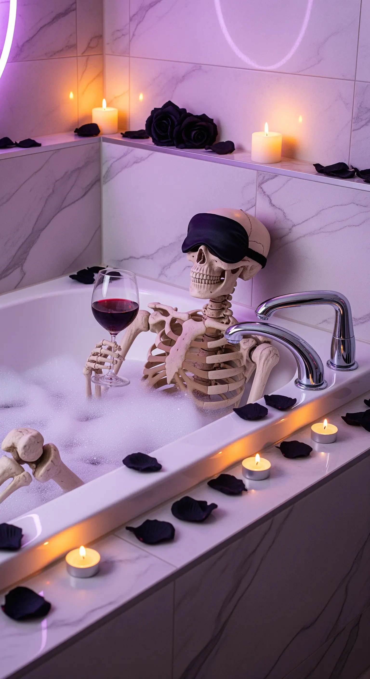 Skelett in Badewanne mit Schlafmaske, Weinglas, Kerzen und lila Neonbeleuchtung