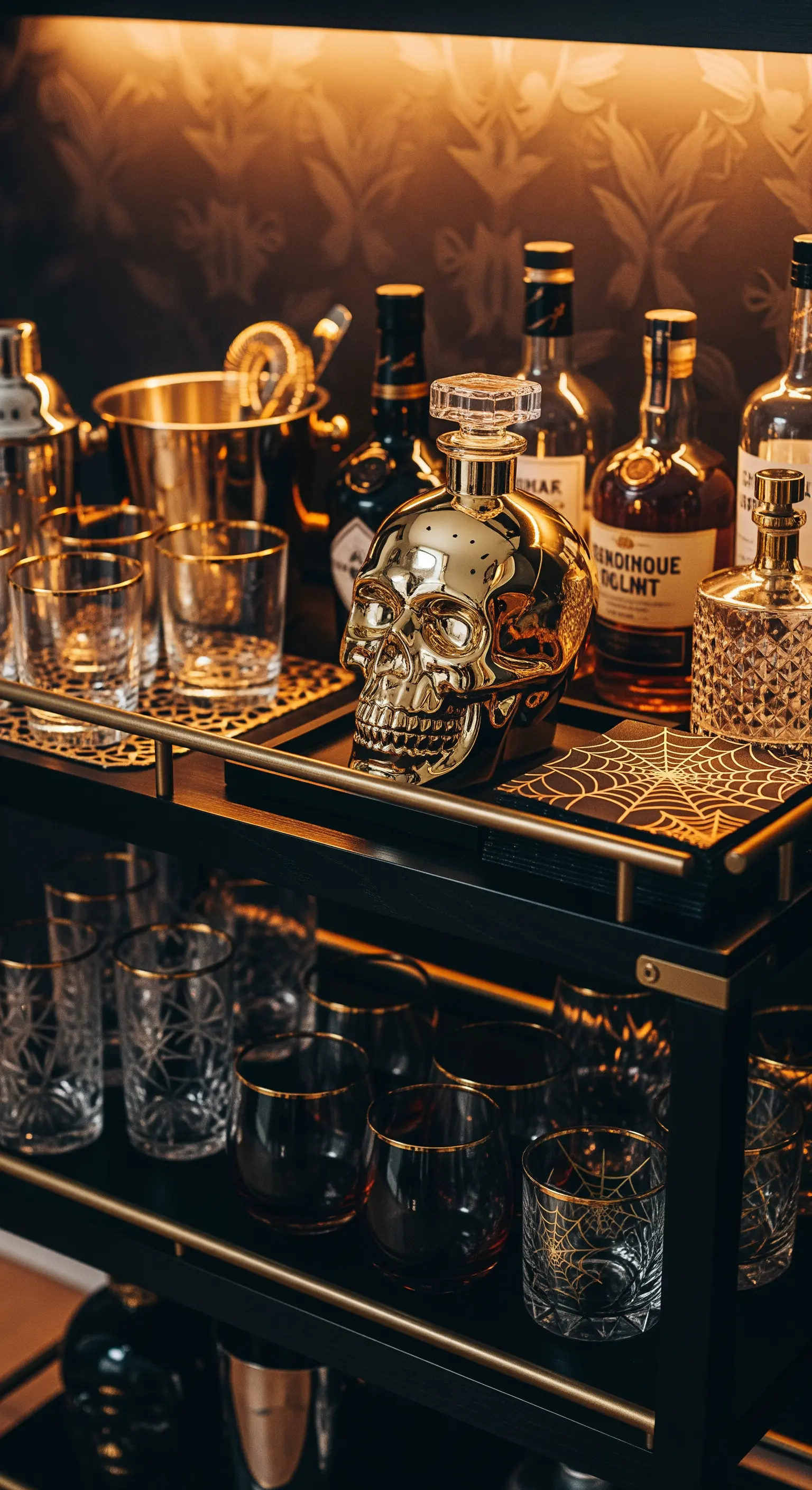 Barwagen mit goldenem Totenkopf, Spinnennetz-Untersetzern und Getränken