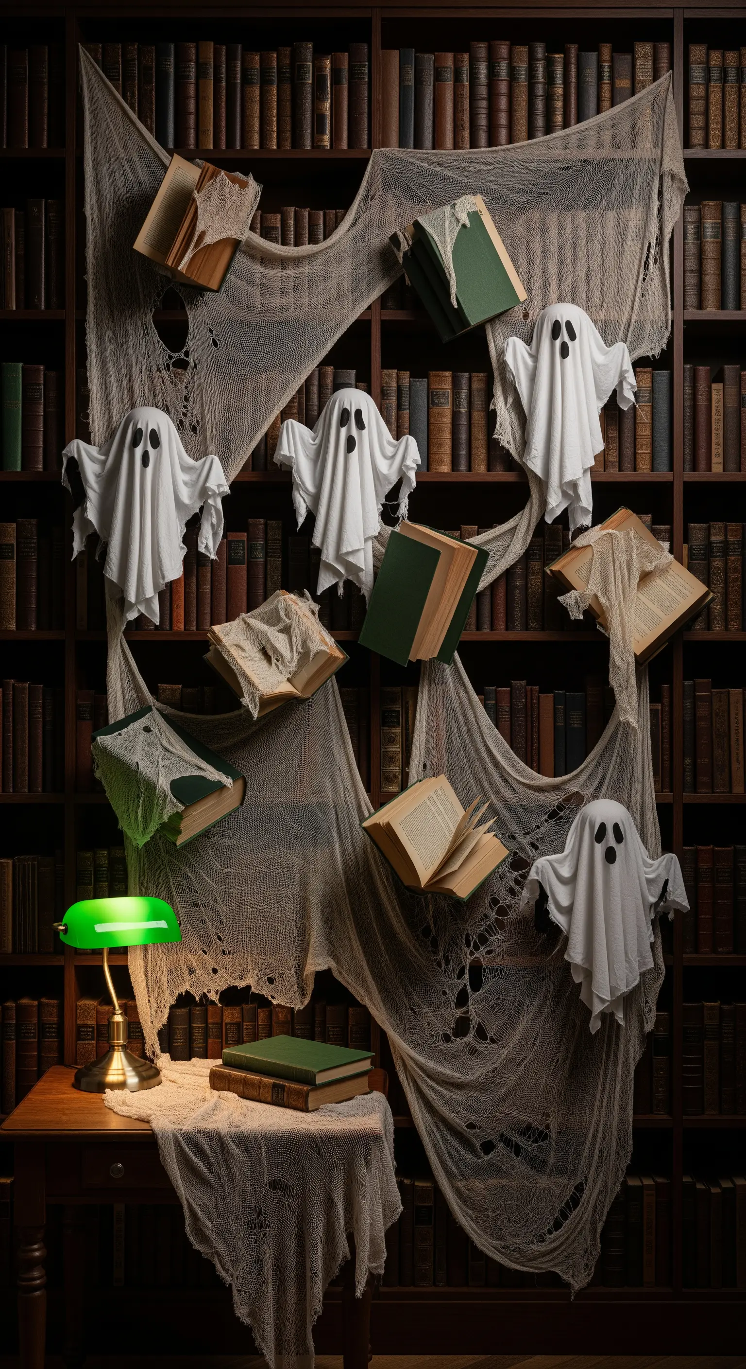 Bücherregal mit Spinnweben, schwebenden Büchern und kleinen Geistern dekoriert.