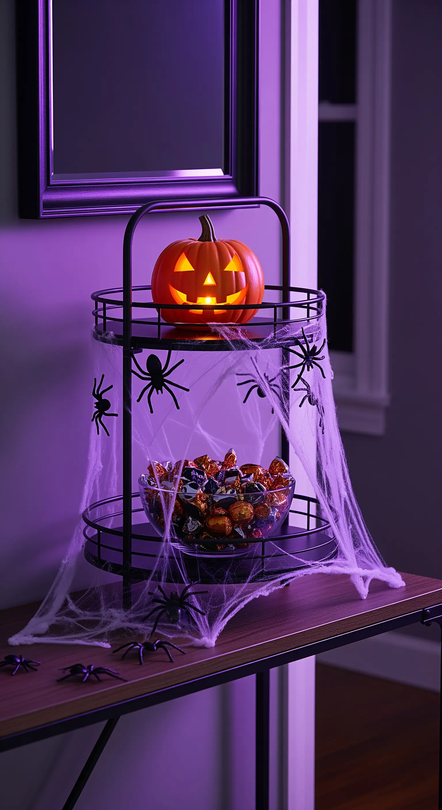 Schwarze Etagere für Halloween mit leuchtendem Kürbis, Spinnennetzen und Süßigkeiten