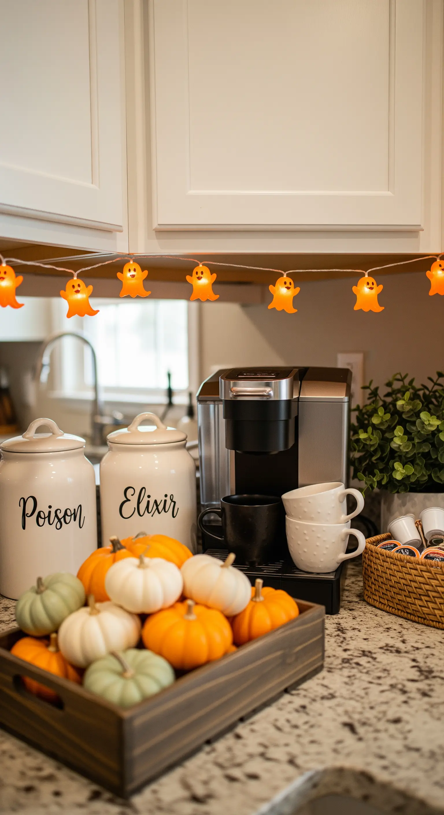 Halloween-Kaffeebar mit Mini-Kürbissen, Beschriftungsdosen und Geisterlichtern.