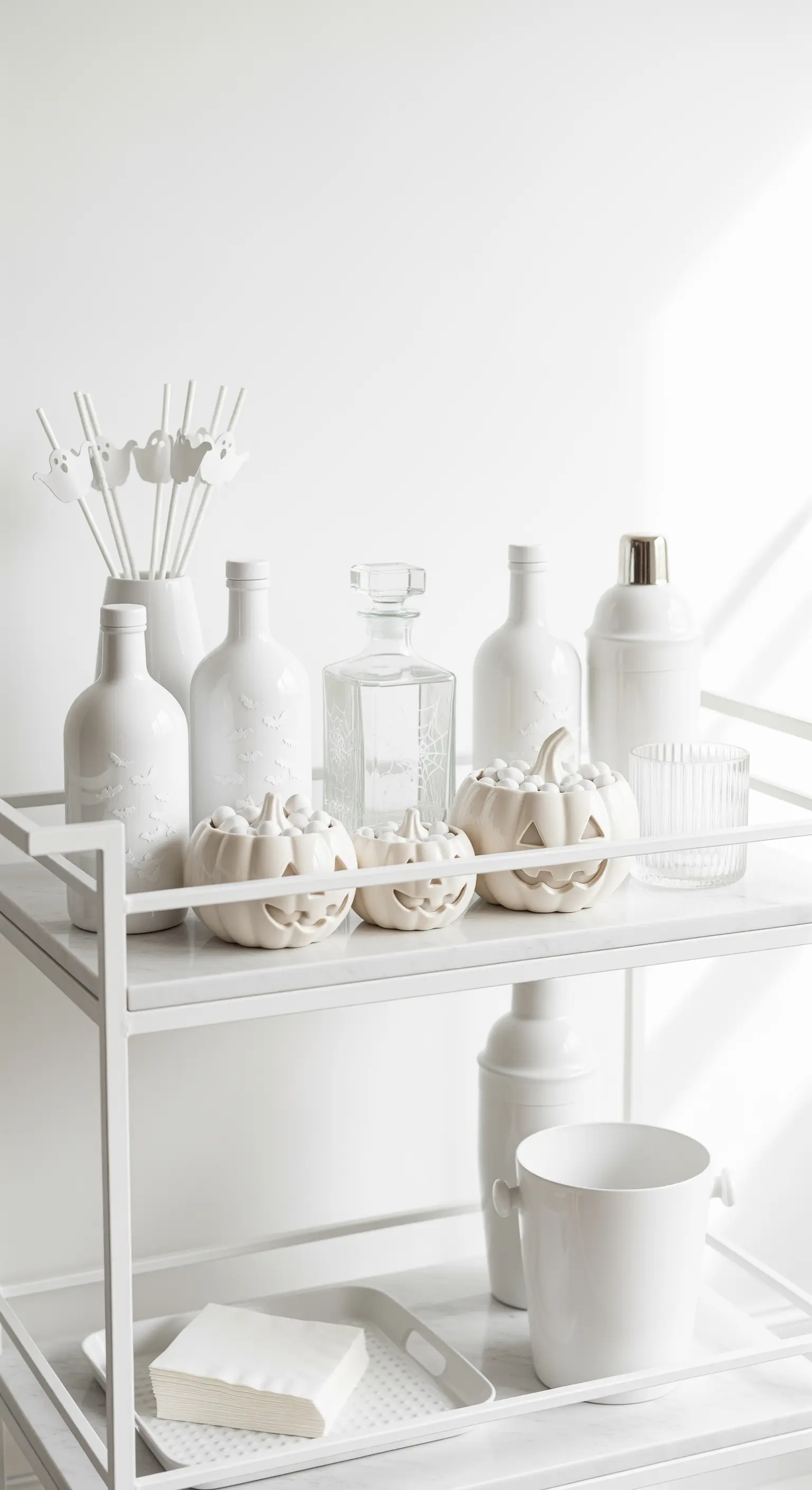 Barwagen mit weißen Flaschen, Keramikkürbissen und Geist-Rührstäbchen