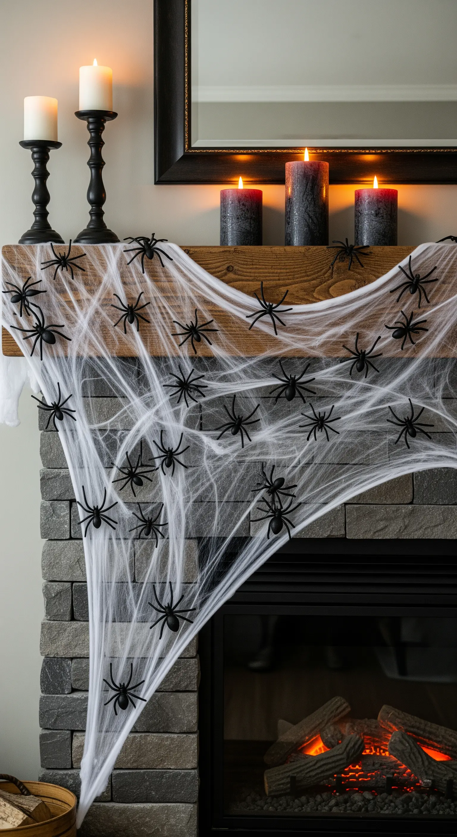 Kaminsims dekoriert mit Spinnennetz, Kerzen und schwarzen Spinnen für eine elegante Halloween-Stimmung.