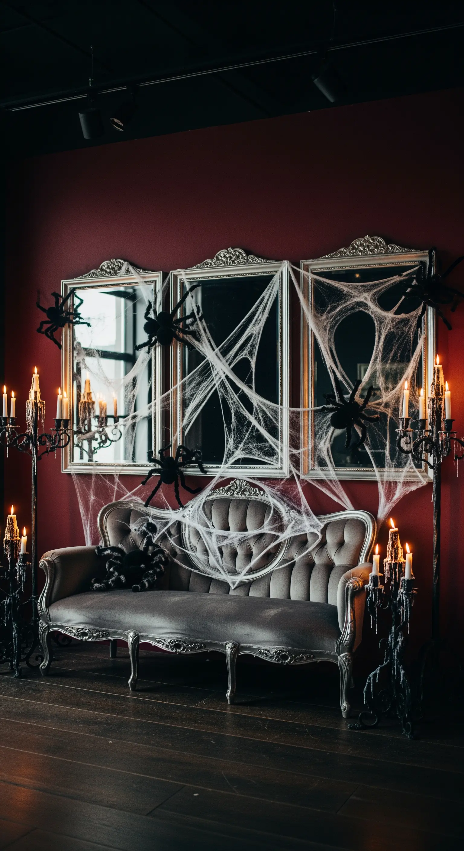 Drei Vintage-Spiegel mit Spinnweben, Spinnen und schwarzen Kerzenständern über einem Sofa