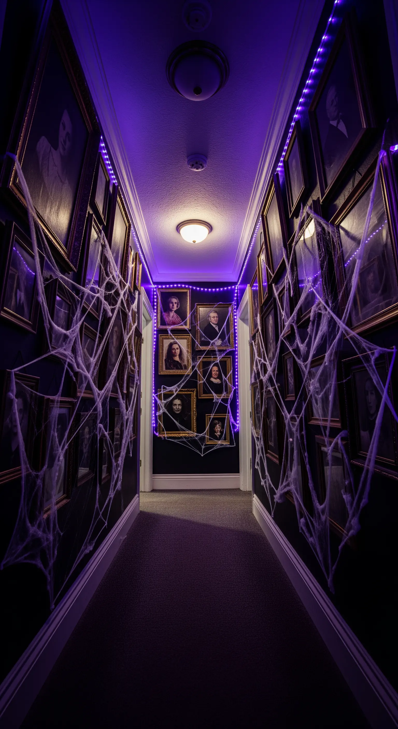 Halloween Flur-Deko mit lila Lichterketten, Spinnennetzen und Grusel-Porträts